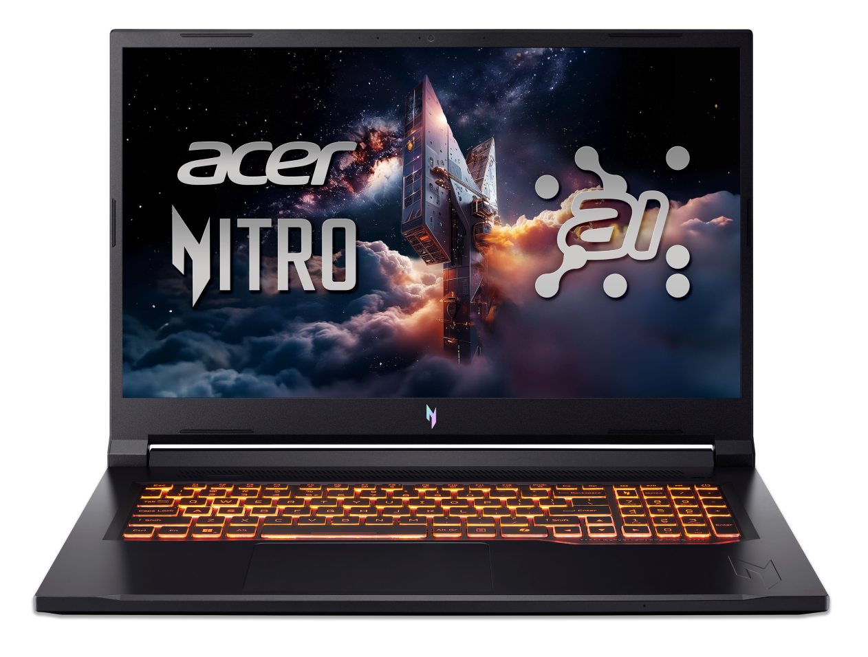 Laptop Acer Nitro z podświetlaną klawiaturą i tłem kosmicznym.