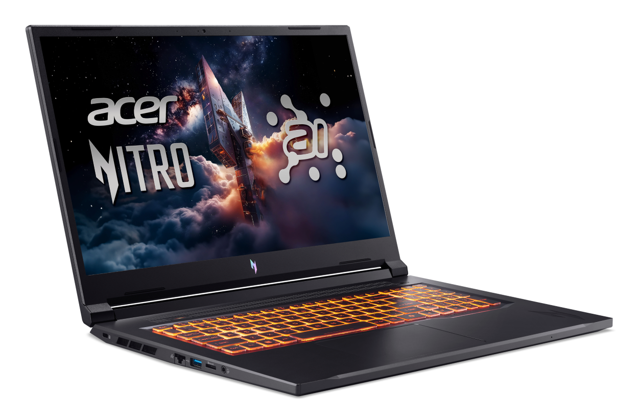 Laptop gamingowy Acer Nitro z podświetlaną klawiaturą i tapetą o tematyce kosmicznej.