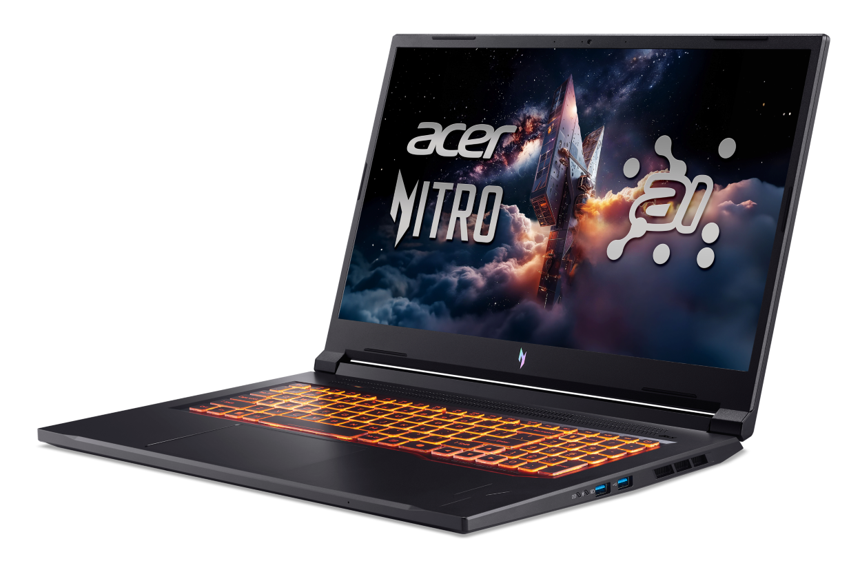 Czarny laptop z podświetlaną klawiaturą i tapetą o tematyce kosmicznej na ekranie.