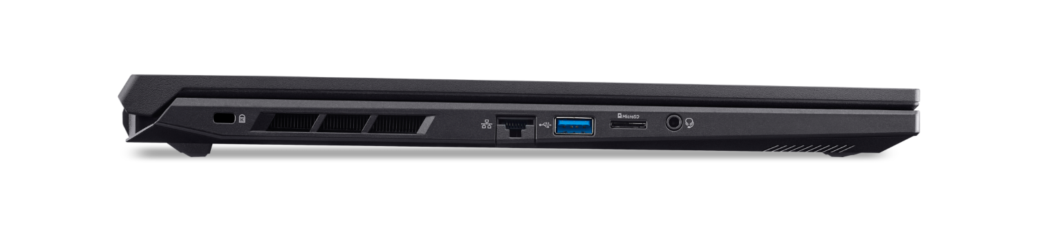 Bok czarnego laptopa z portami: USB, MicroSD, gniazdo słuchawkowe.