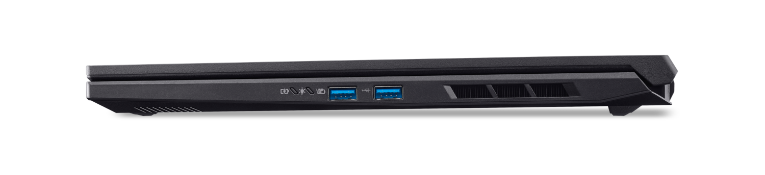 Widok z boku czarnego laptopa, pokazujący porty USB i kratki wentylacyjne.