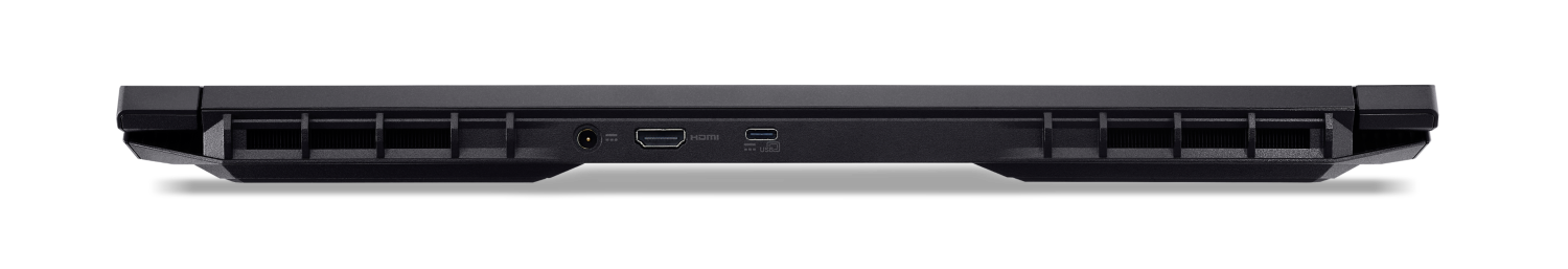 Zbliżenie na porty czarnego laptopa: zasilanie, HDMI, USB-C i wentylatory.