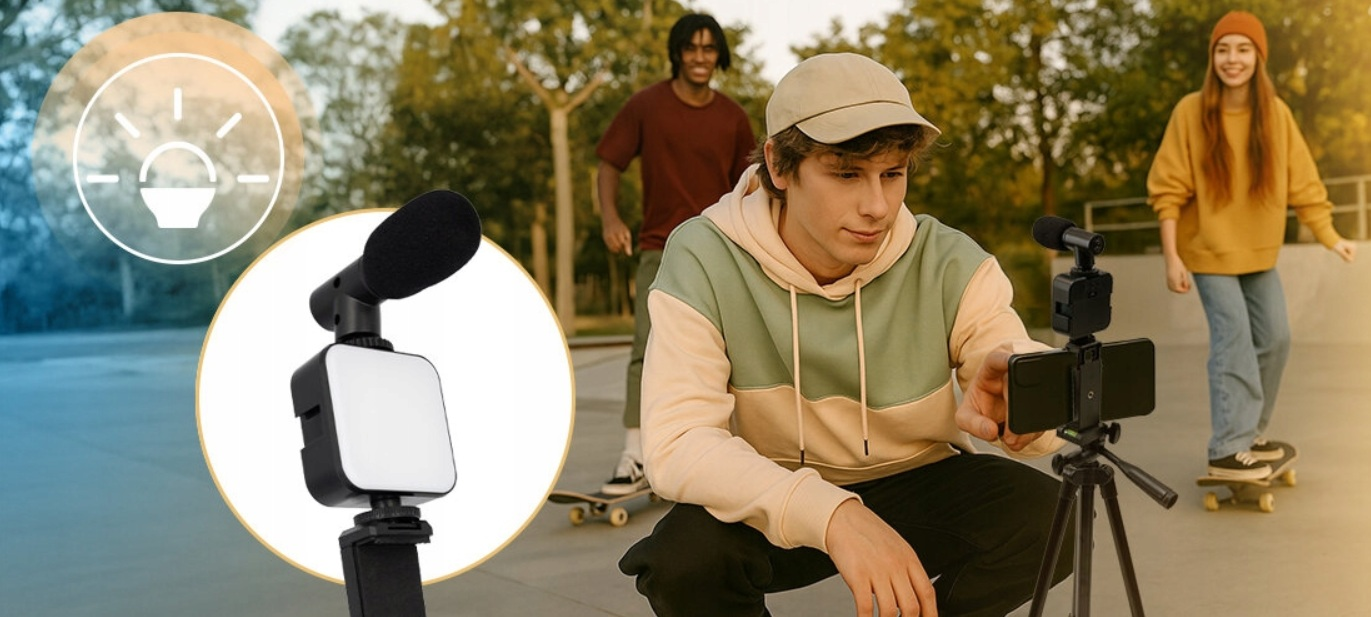 Młody mężczyzna filmuje skaterów z mikrofonem i telefonem w parku.