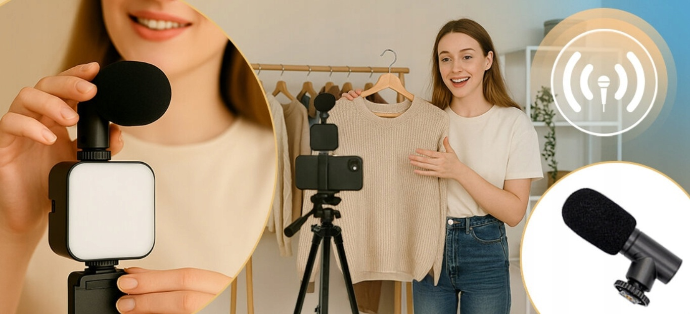 Kobieta trzyma beżowy sweter, prezentując go do filmu. Widoczne mikrofon, lampa i telefon na statywie.