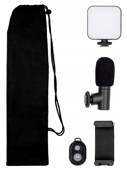Czarna torba, mikrofon, lampka, uchwyt na telefon i pilot.