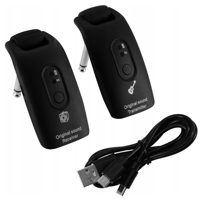 Dwa czarne nadajniki/odbiorniki gitarowe i kabel USB.