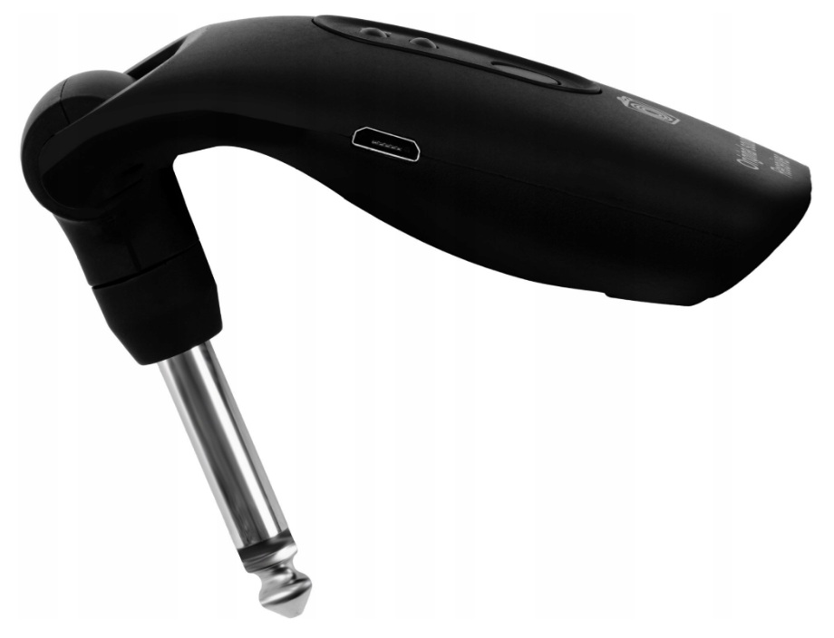 Czarny nadajnik audio z wtykiem jack 6,3 mm i portem USB.