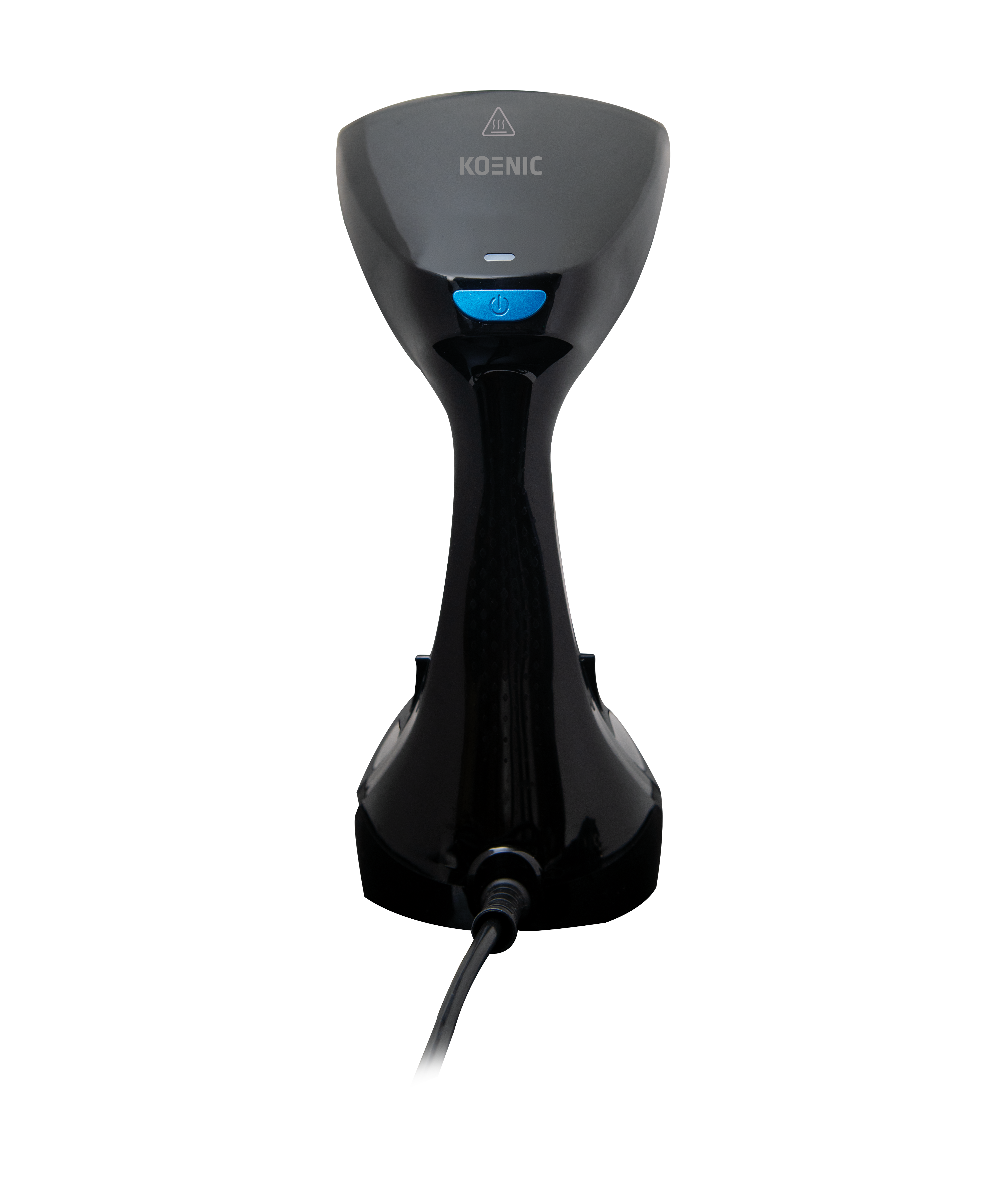 Vaporizador de mano negro con botón azul y símbolo de advertencia arriba.