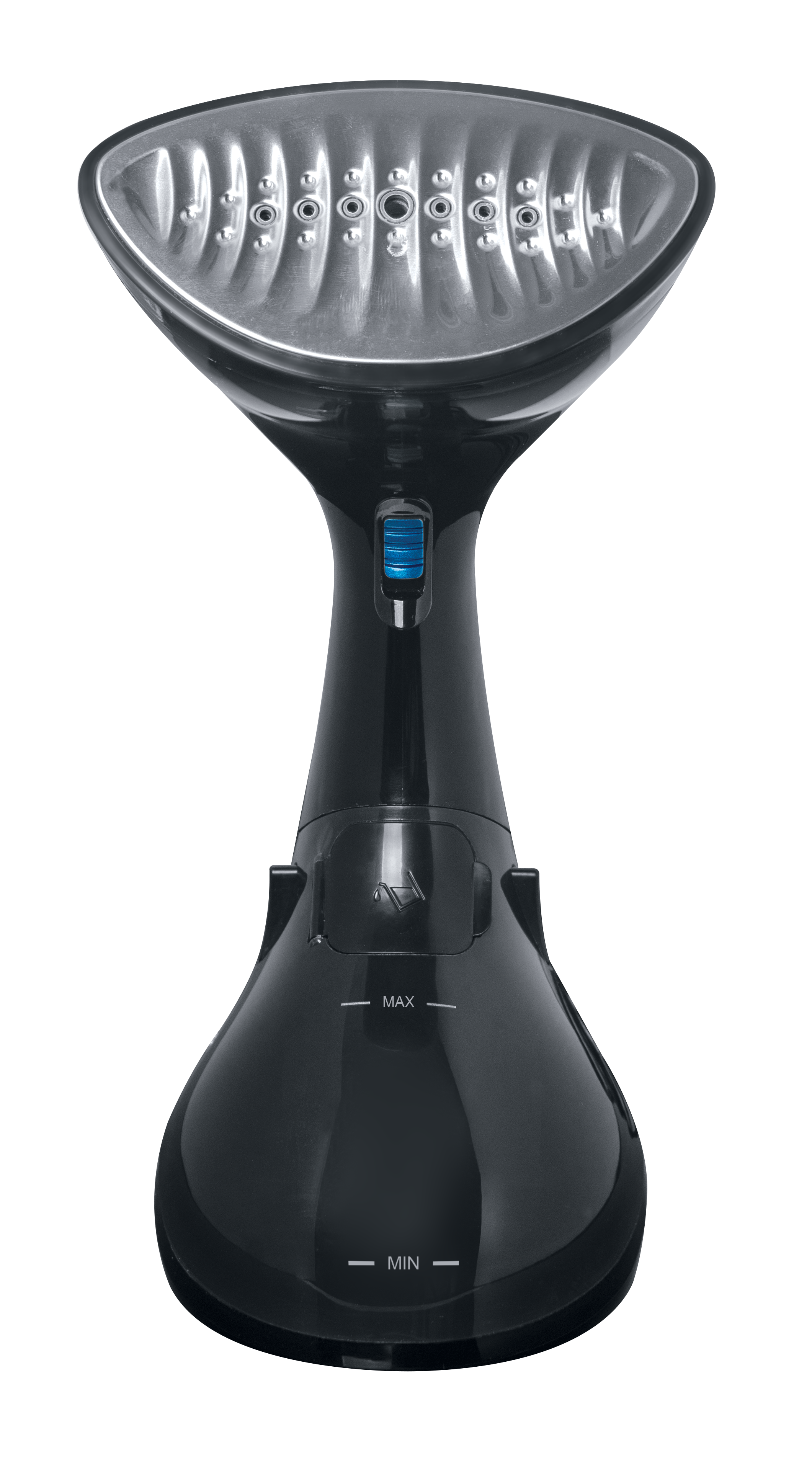 Un vaporizador de tela negro con placa de vapor plateada y botón azul.