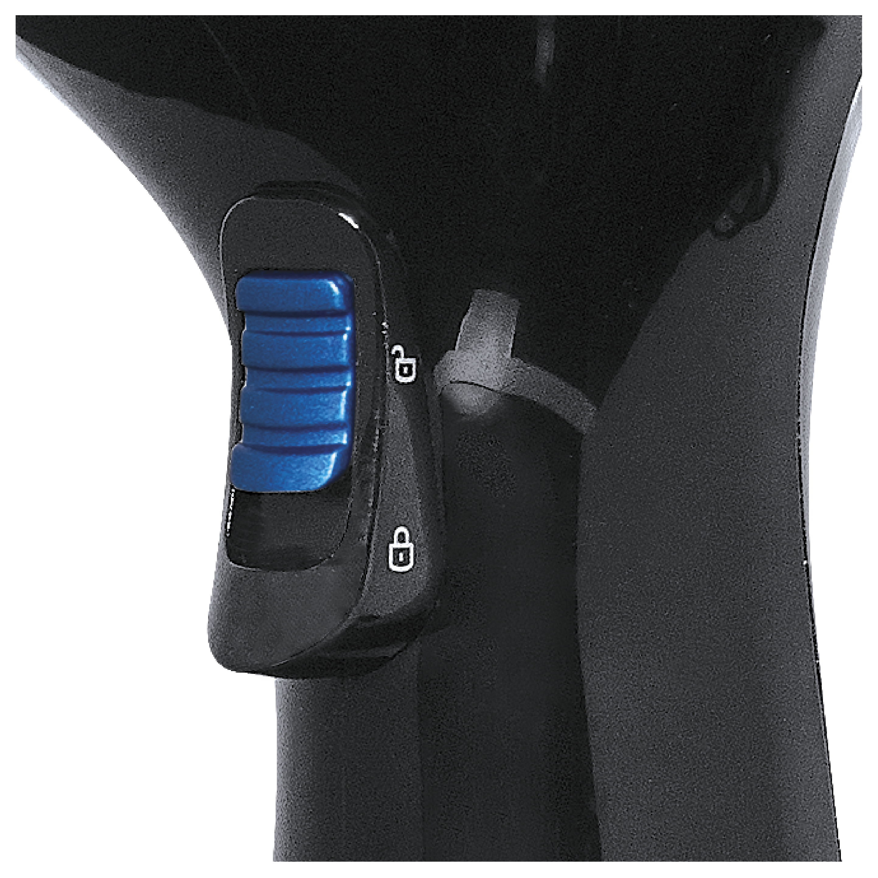 Primer plano de un interruptor azul con iconos de candado en un dispositivo negro.