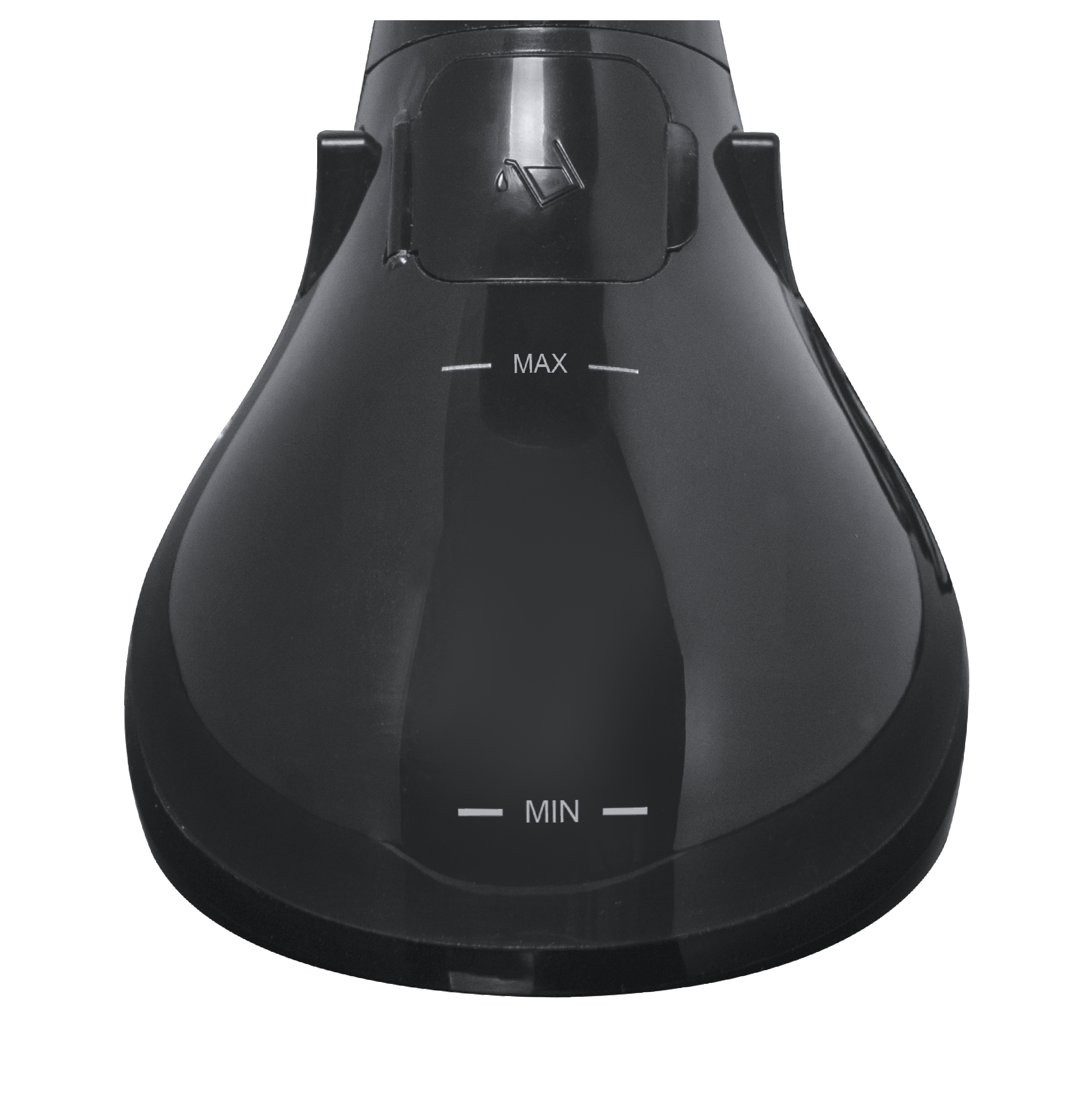 Cabezal de plancha de vapor negro con marcas MAX y MIN.