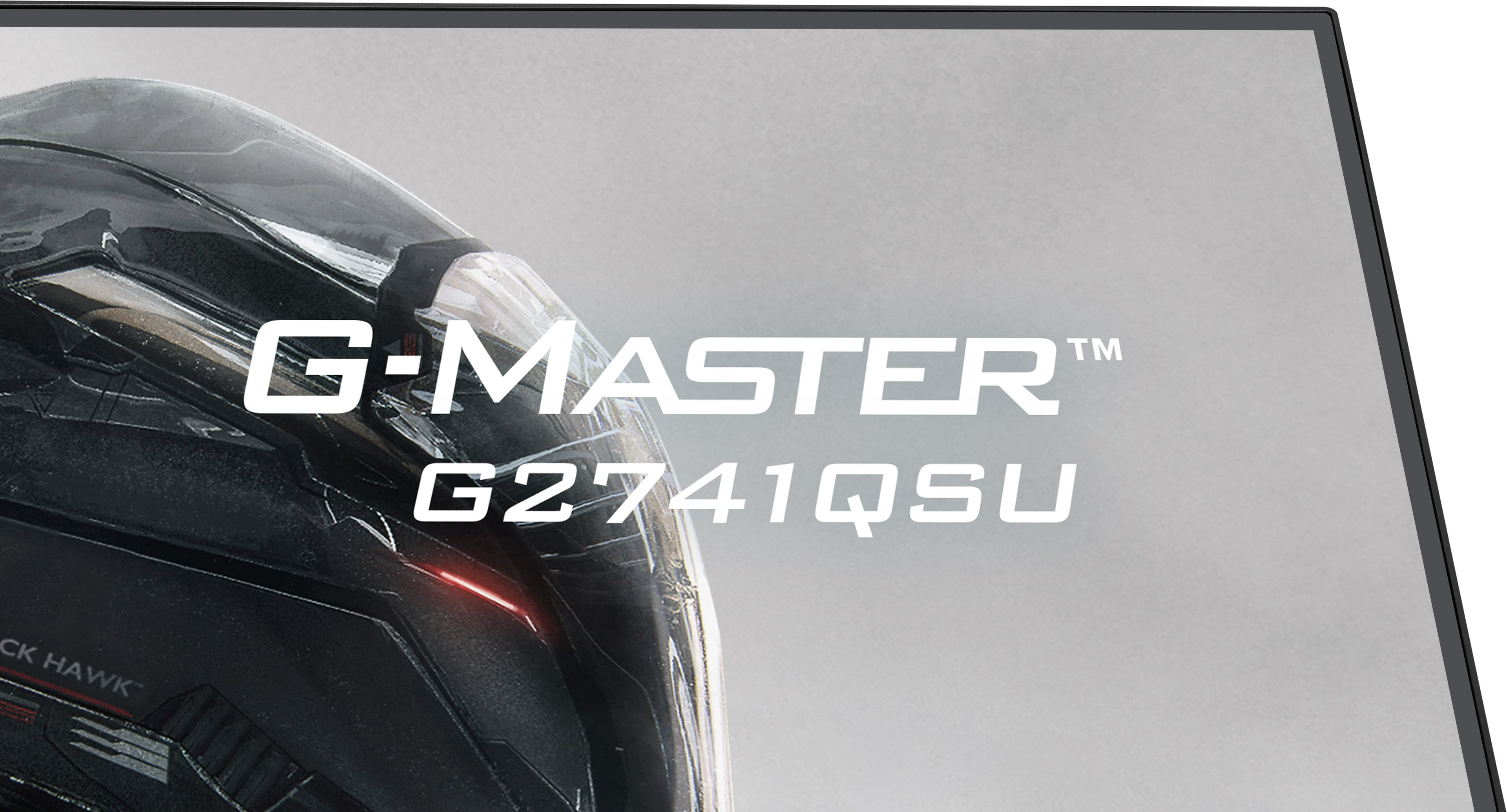 Monitor G-MASTER G2741QSU z czarnym, błyszczącym, futurystycznym designem i czerwonymi akcentami.