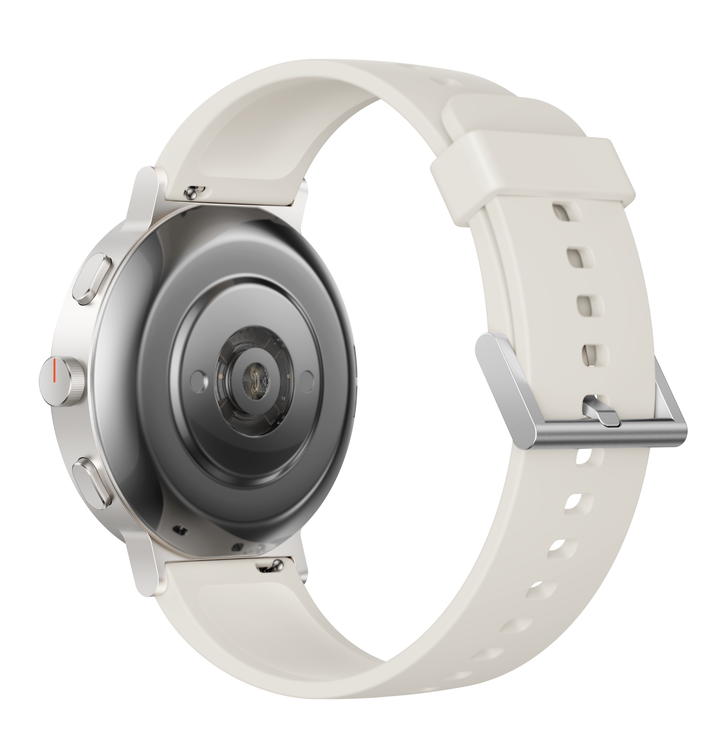Srebrny smartwatch z białym paskiem, widok z tyłu, pokazujący czujniki i przyciski.