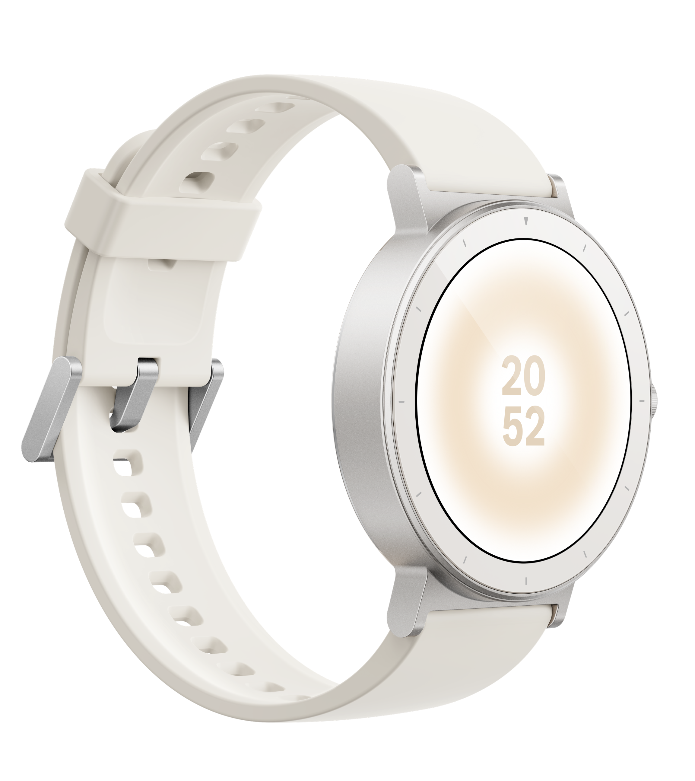 Biały smartwatch ze srebrną obudową i podświetlanym wyświetlaczem.