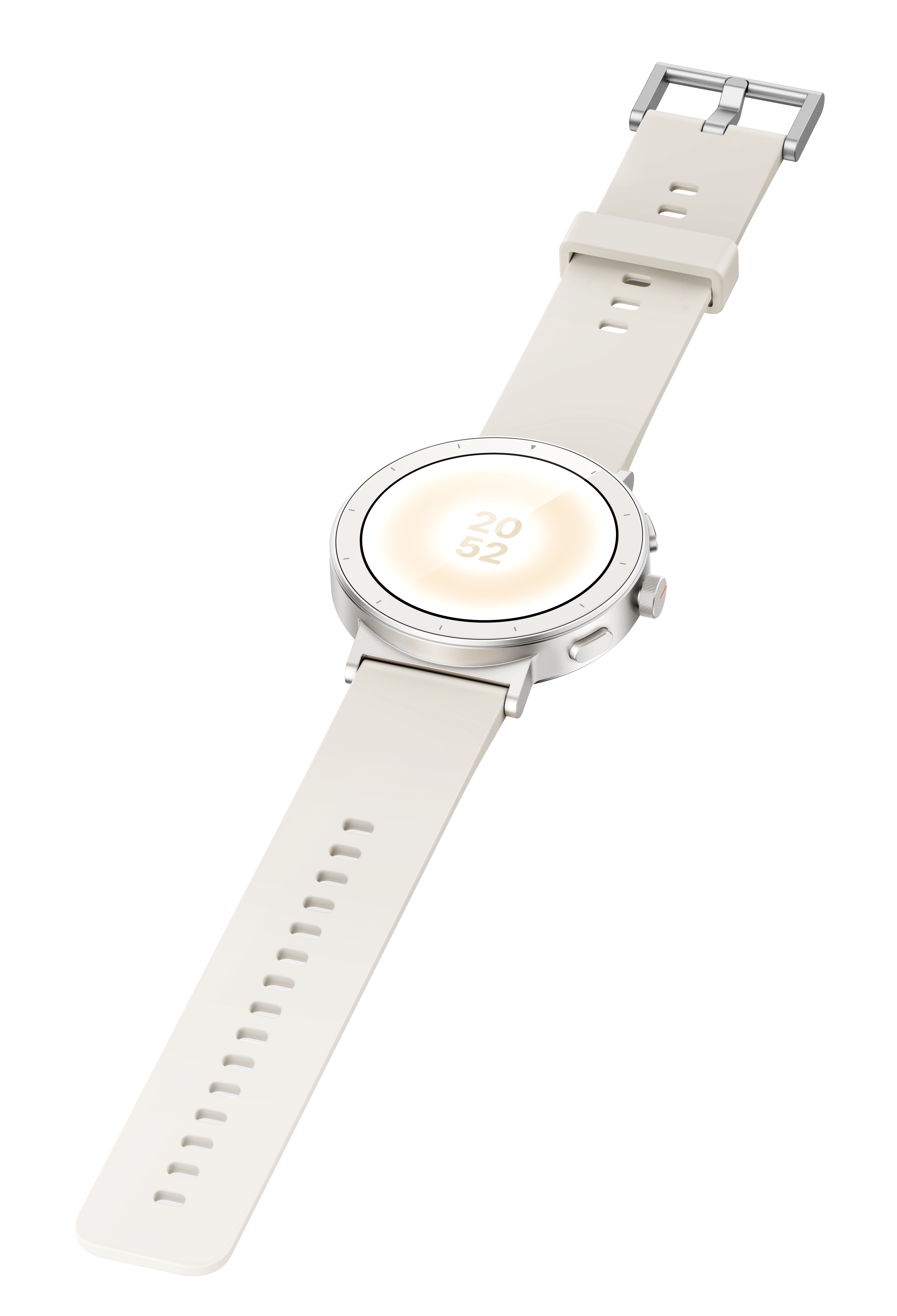 Biały smartwatch ze srebrną kopertą i jasnym wyświetlaczem.