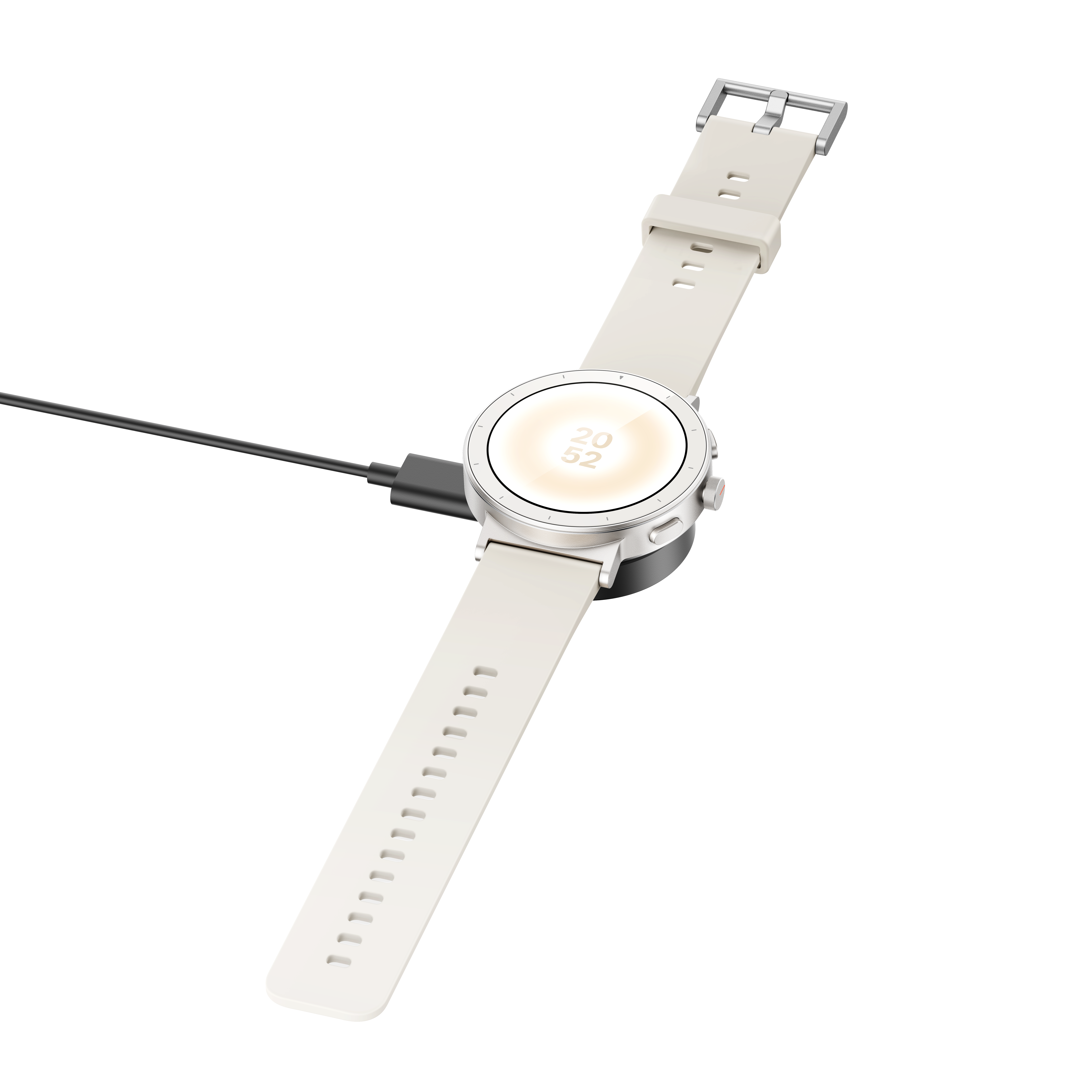 Jasnoszara opaska smartwatch z kablem ładującym i podświetlanym wyświetlaczem.