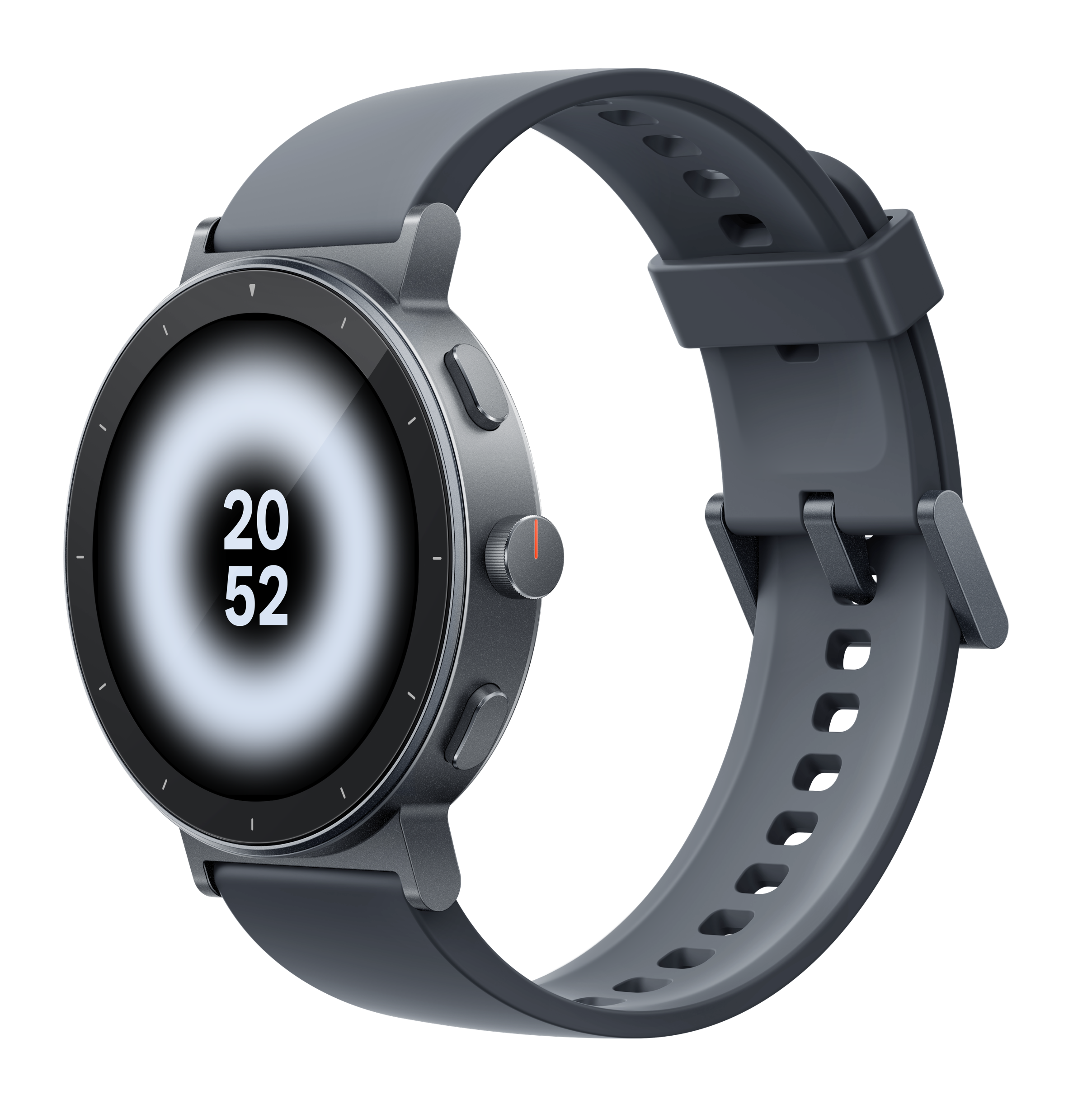 Szary smartwatch z okrągłym wyświetlaczem pokazującym 20:52.
