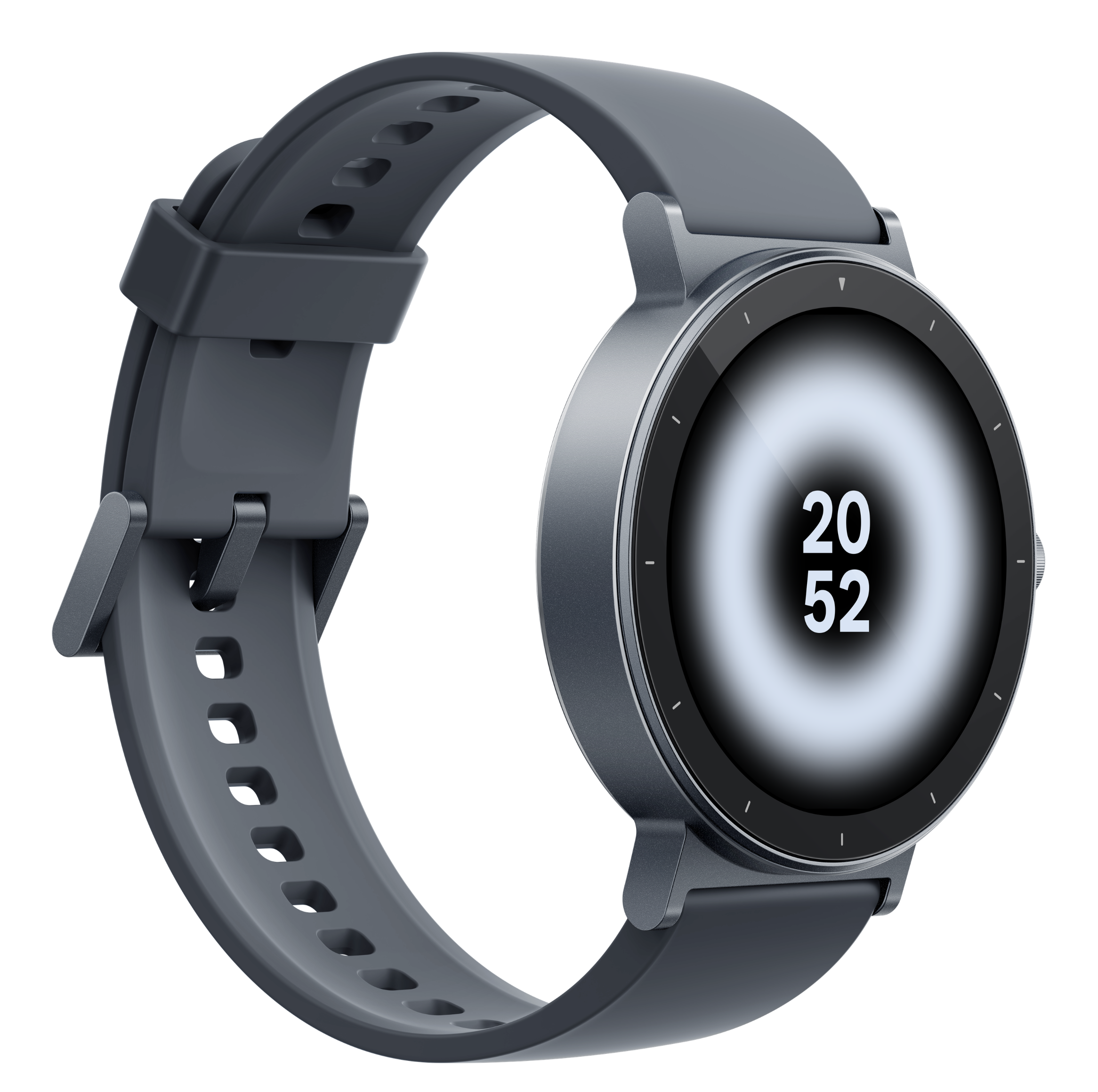 Ciemnoszary smartwatch z cyfrowym wyświetlaczem pokazującym 20:52.