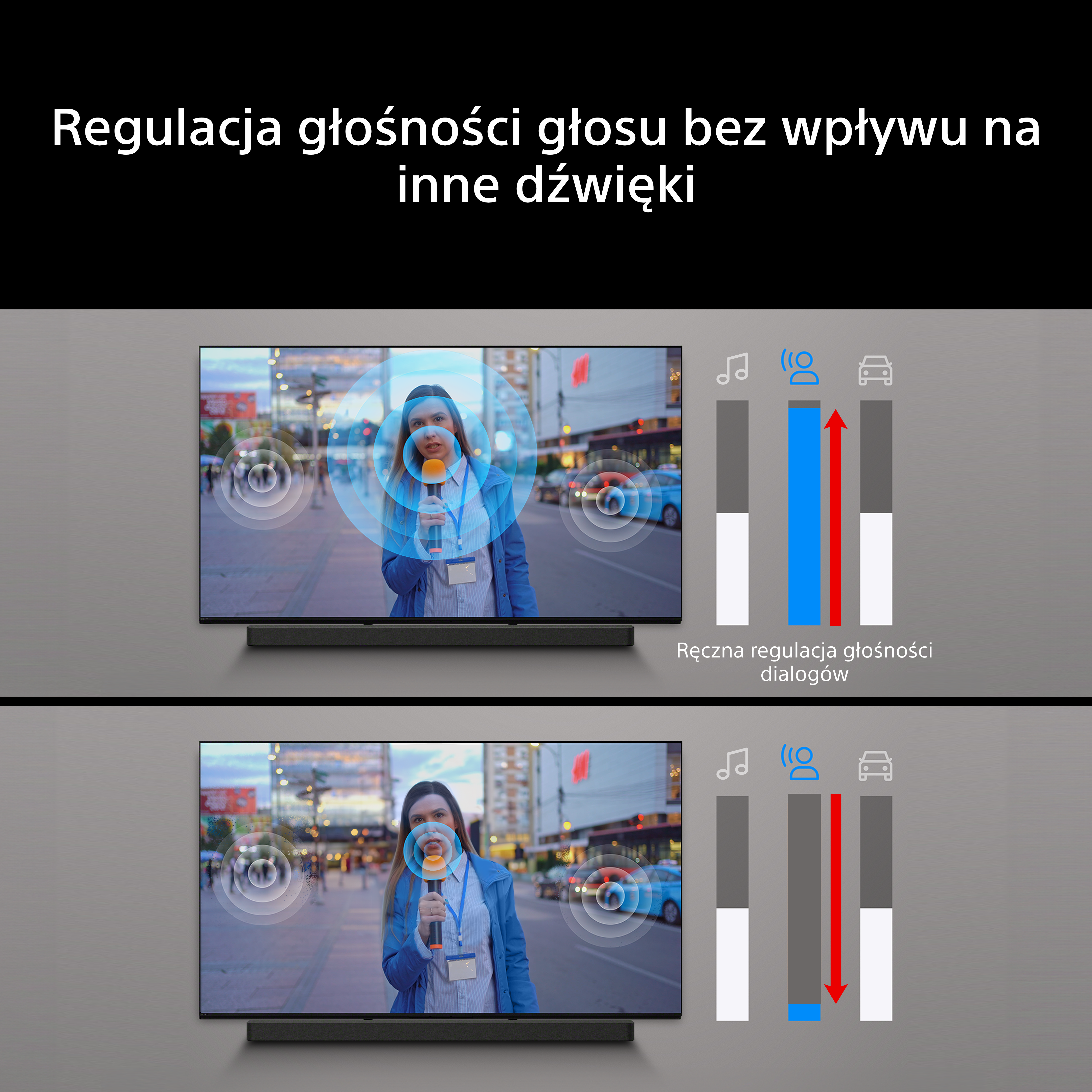 Ekran telewizora pokazuje reporterkę z mikrofonem i falami dźwiękowymi.