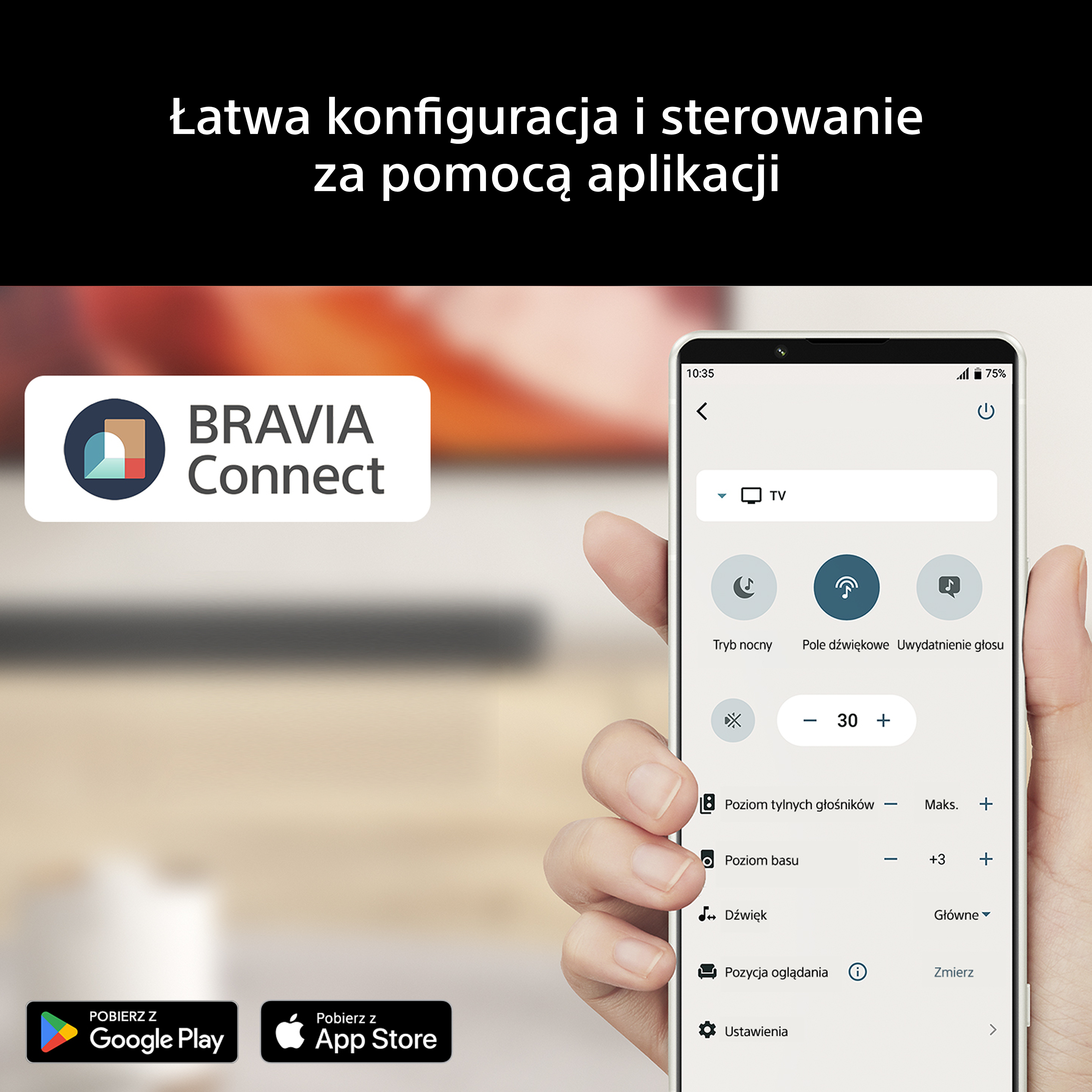 Smartfon wyświetla aplikację BRAVIA Connect z ustawieniami TV i przyciskami pobierania.