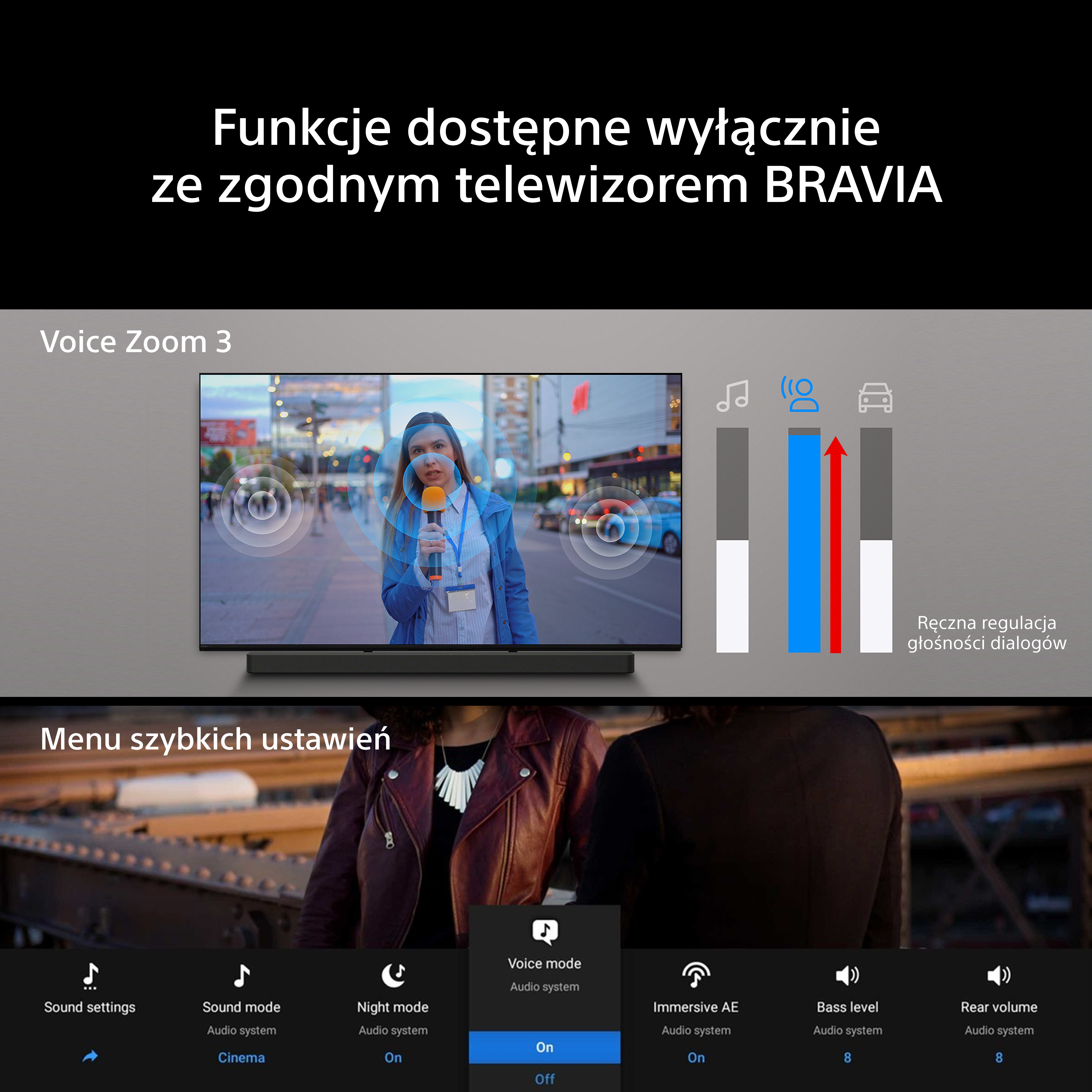 Menu telewizora z ustawieniami audio. Reporter na ekranie.