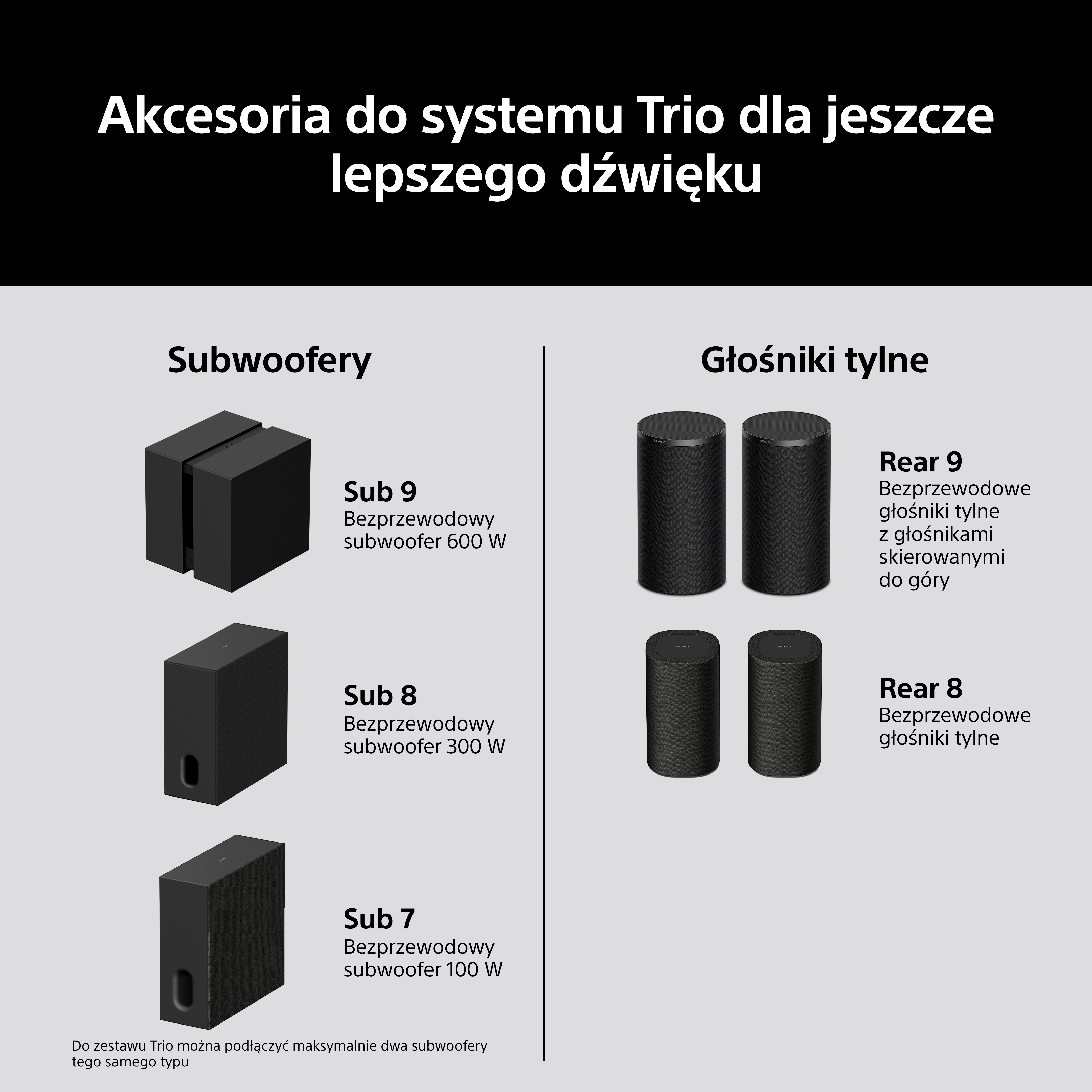 Czarne subwoofery i głośniki do systemu Trio.