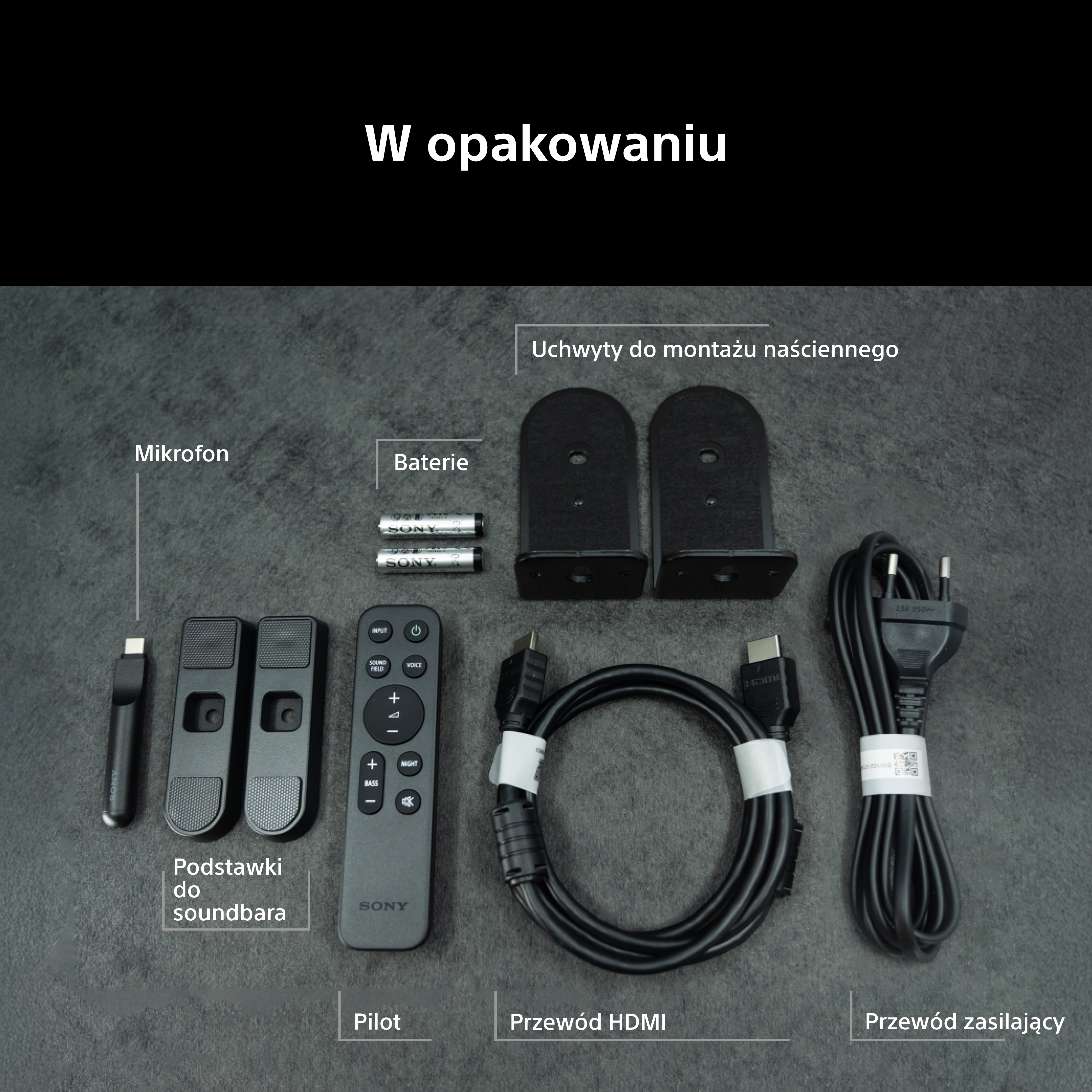 Zawartość opakowania: mikrofon, baterie, uchwyty ścienne, podstawki, pilot, kabel HDMI, kabel zasilający.