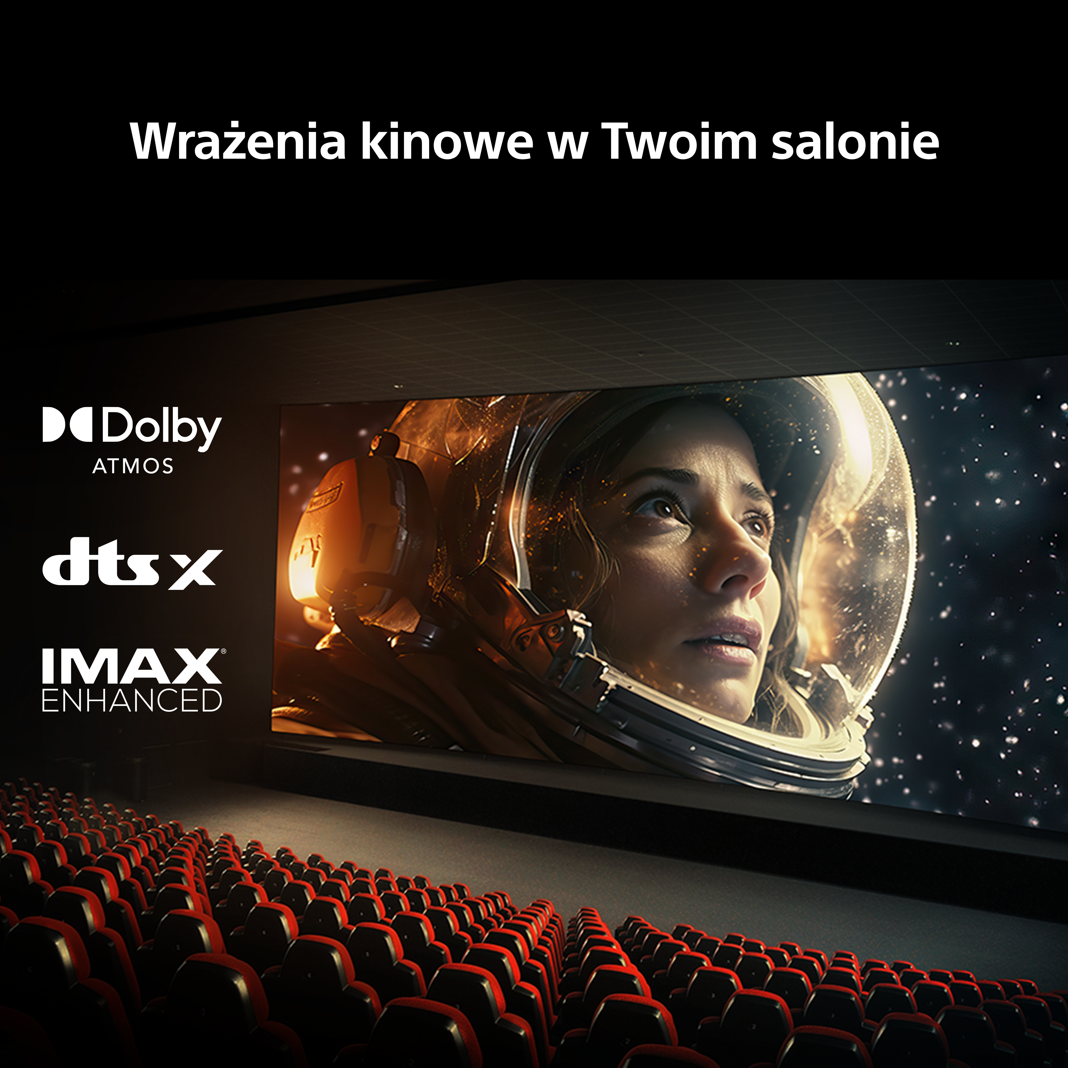 Fotele kinowe przed ekranem z astronautką w kosmosie.