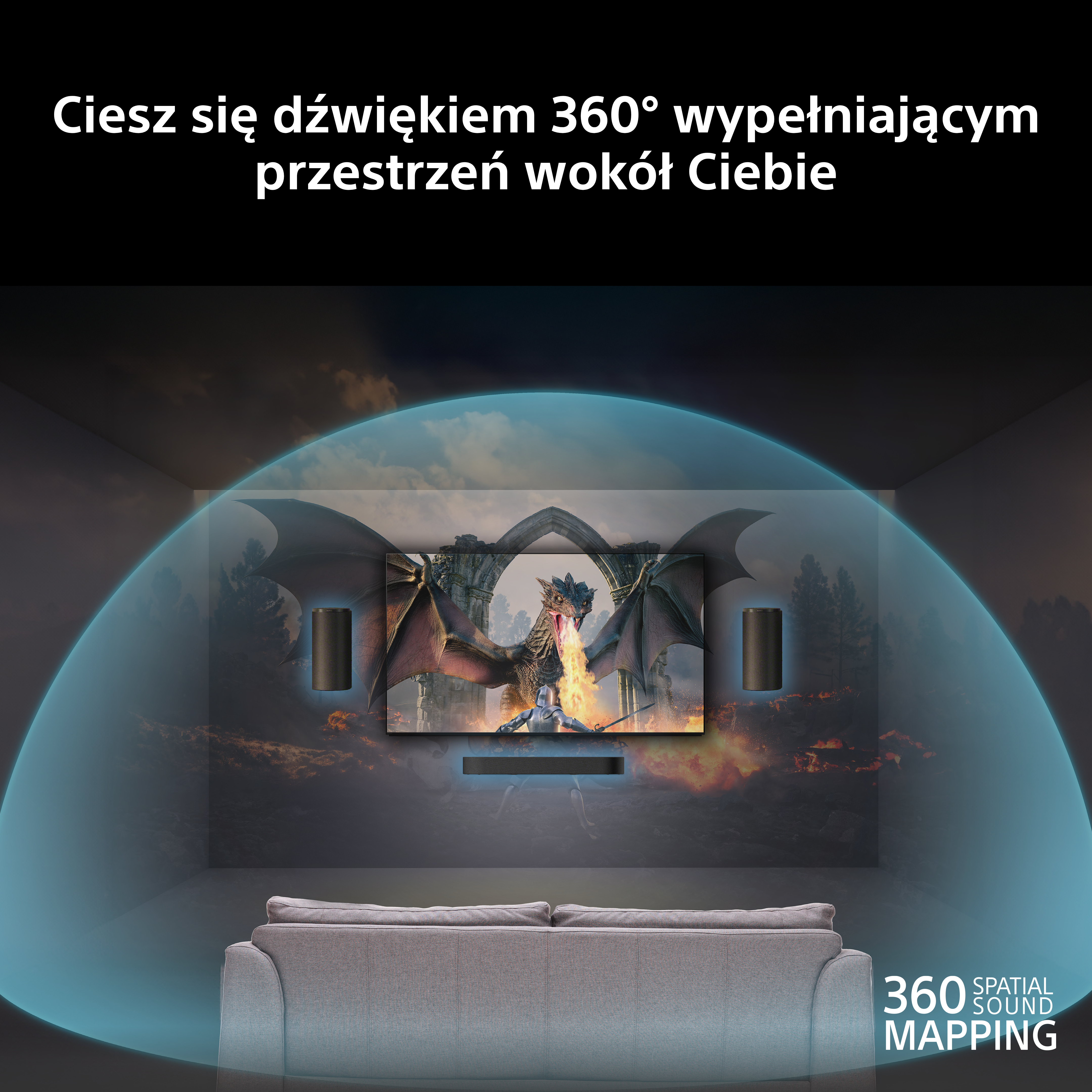 Smok zieje ogniem na rycerza przed bramą. Na pierwszym planie sofa.