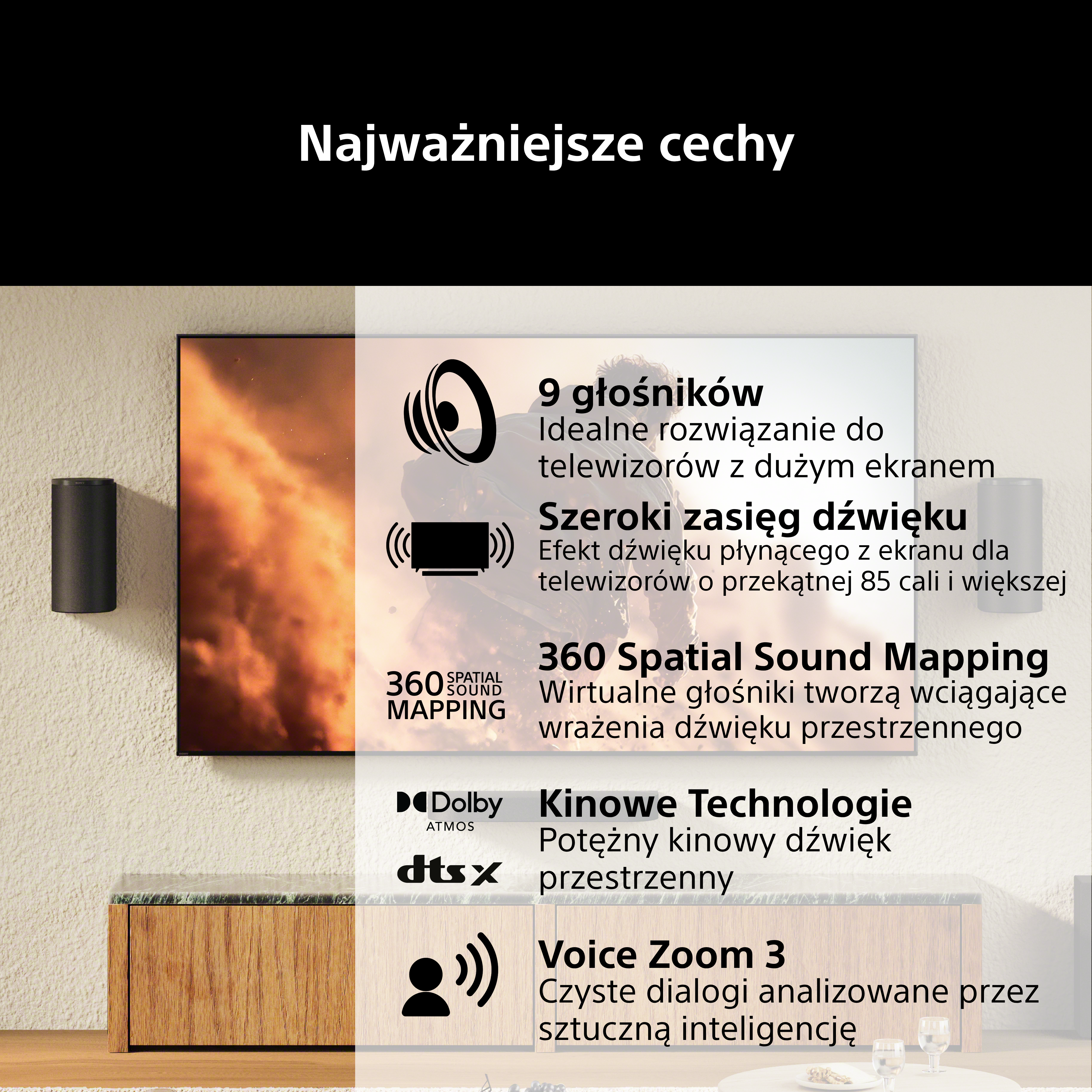 Obraz przedstawia cechy TV: 9 głośników, 360 Spatial Sound Mapping, Dolby Atmos, DTS:X, Voice Zoom 3.