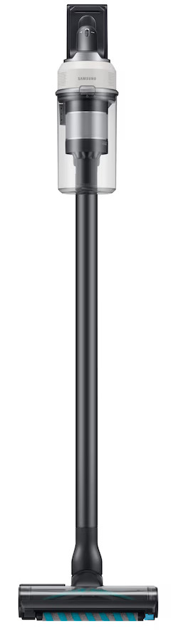 Elegancki, stojący odkurzacz Samsung z srebrno-białą górną częścią i czarną rurą.