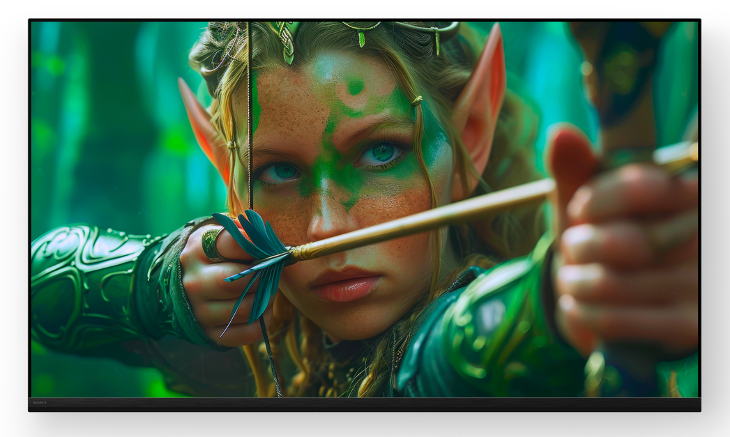 Elficka łuczniczka z łukiem i strzałą w zielonym lesie, zbliżenie twarzy.