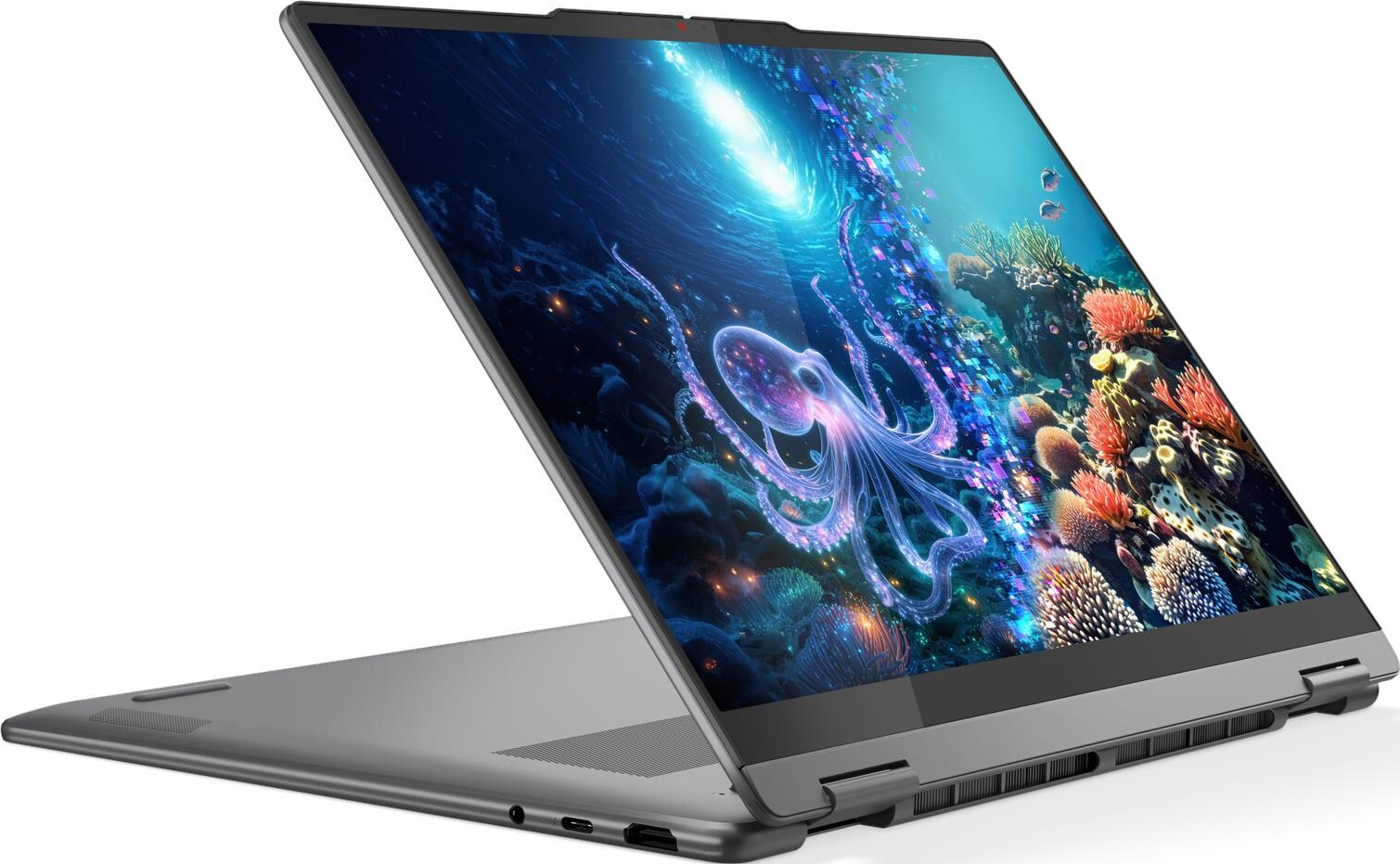 Ein offener Laptop mit einem Unterwasserbildschirm: Oktopus, Korallen, Fische.
