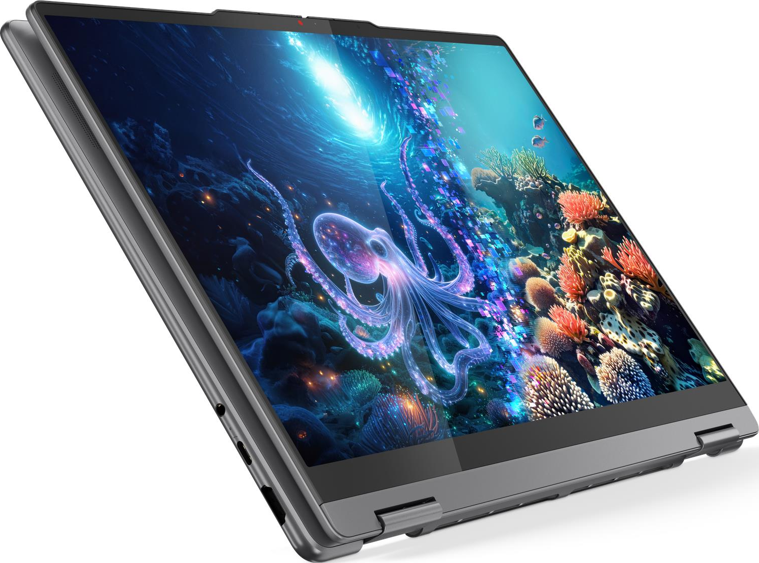 Ein Laptop mit einem Unterwasserbild auf dem Bildschirm: Oktopus, Korallen und Fische.