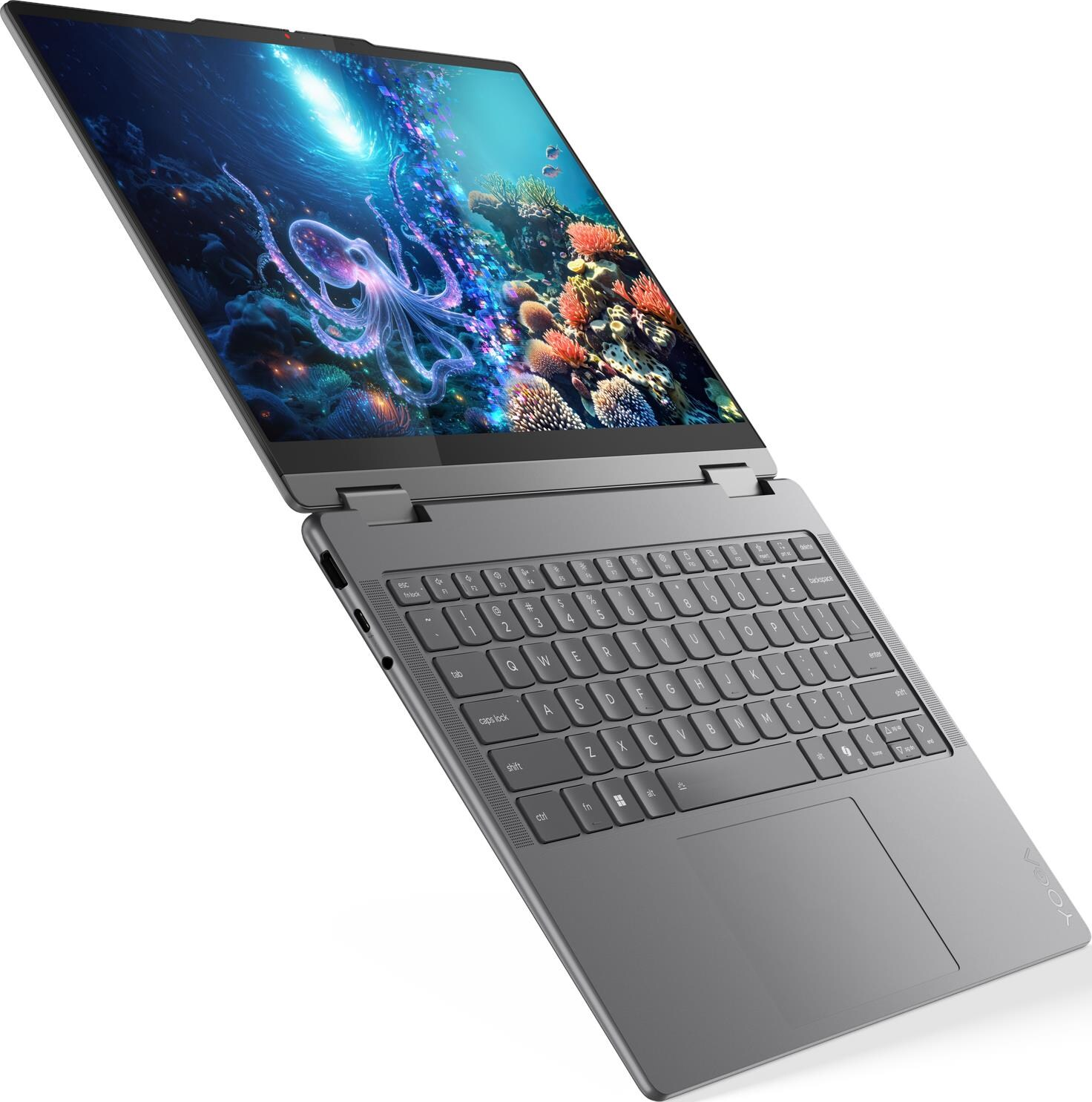 Ein graues Laptop ist geöffnet und zeigt einen Oktopus und Korallen auf dem Bildschirm.