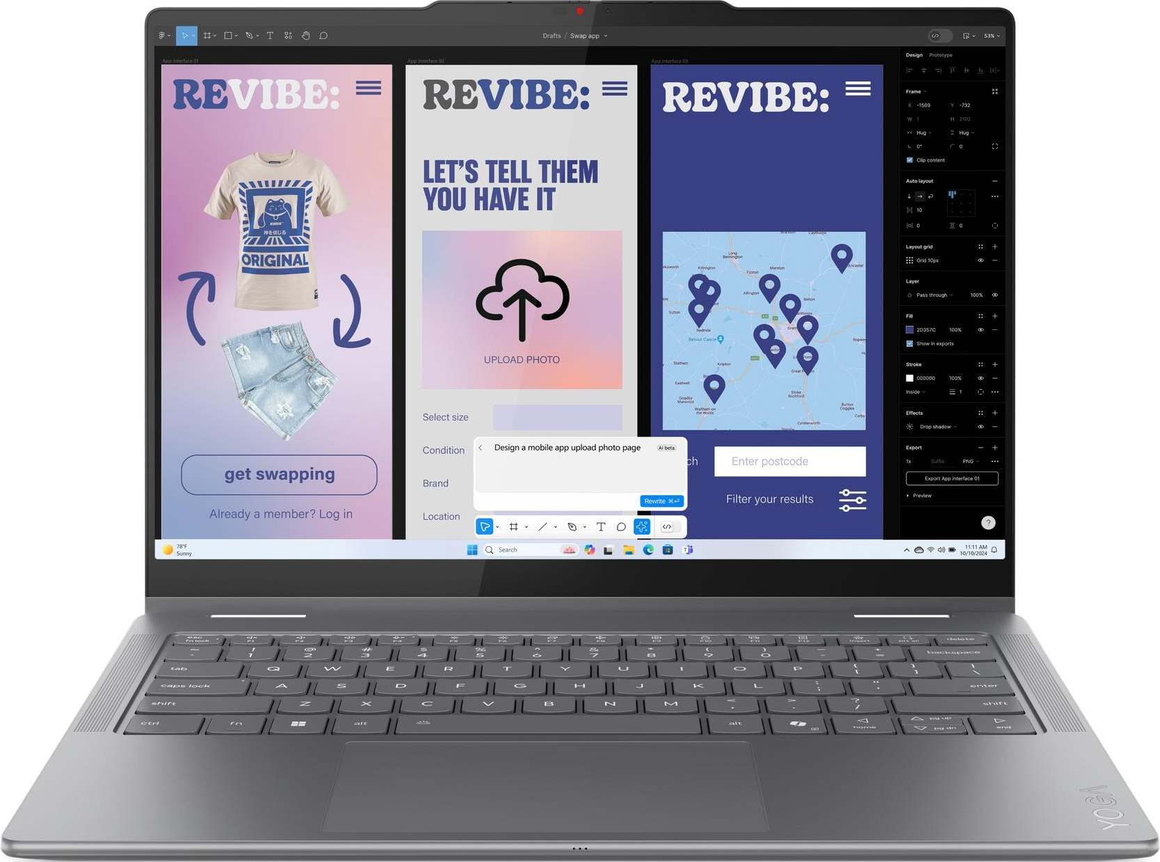 Laptop zeigt eine Design-App mit Kleidung und Kartenansicht.
