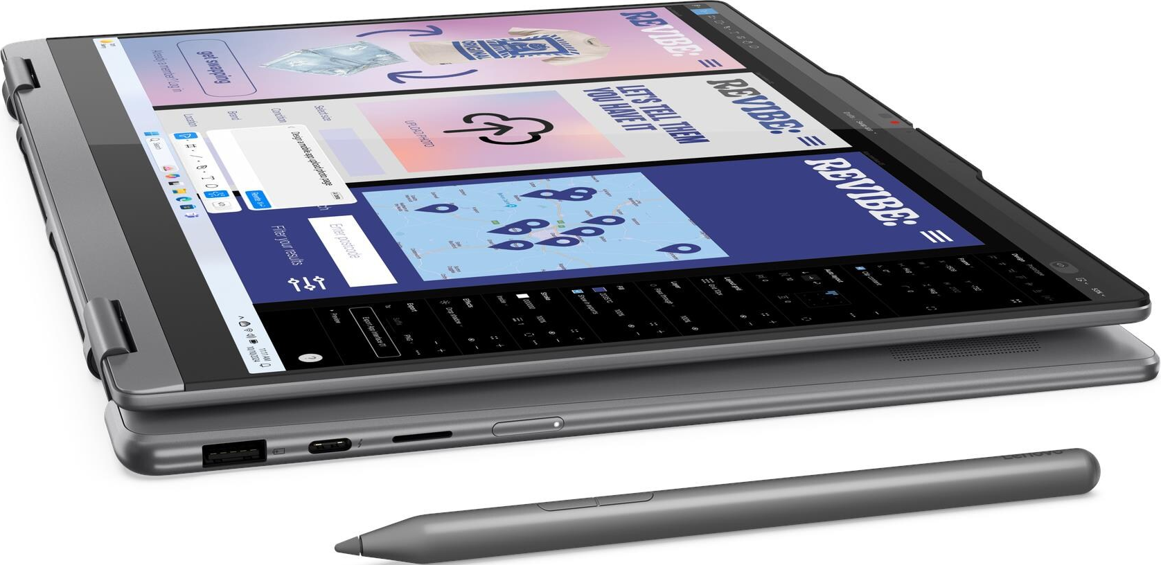 Ein Laptop zeigt eine Designoberfläche mit Karten, Text und Kleidungsmockups. Ein Stift liegt daneben.