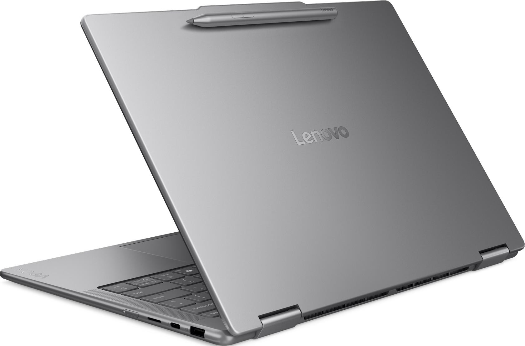 Ein silberner Laptop mit Stift ist geöffnet. Das Lenovo-Logo ist sichtbar.