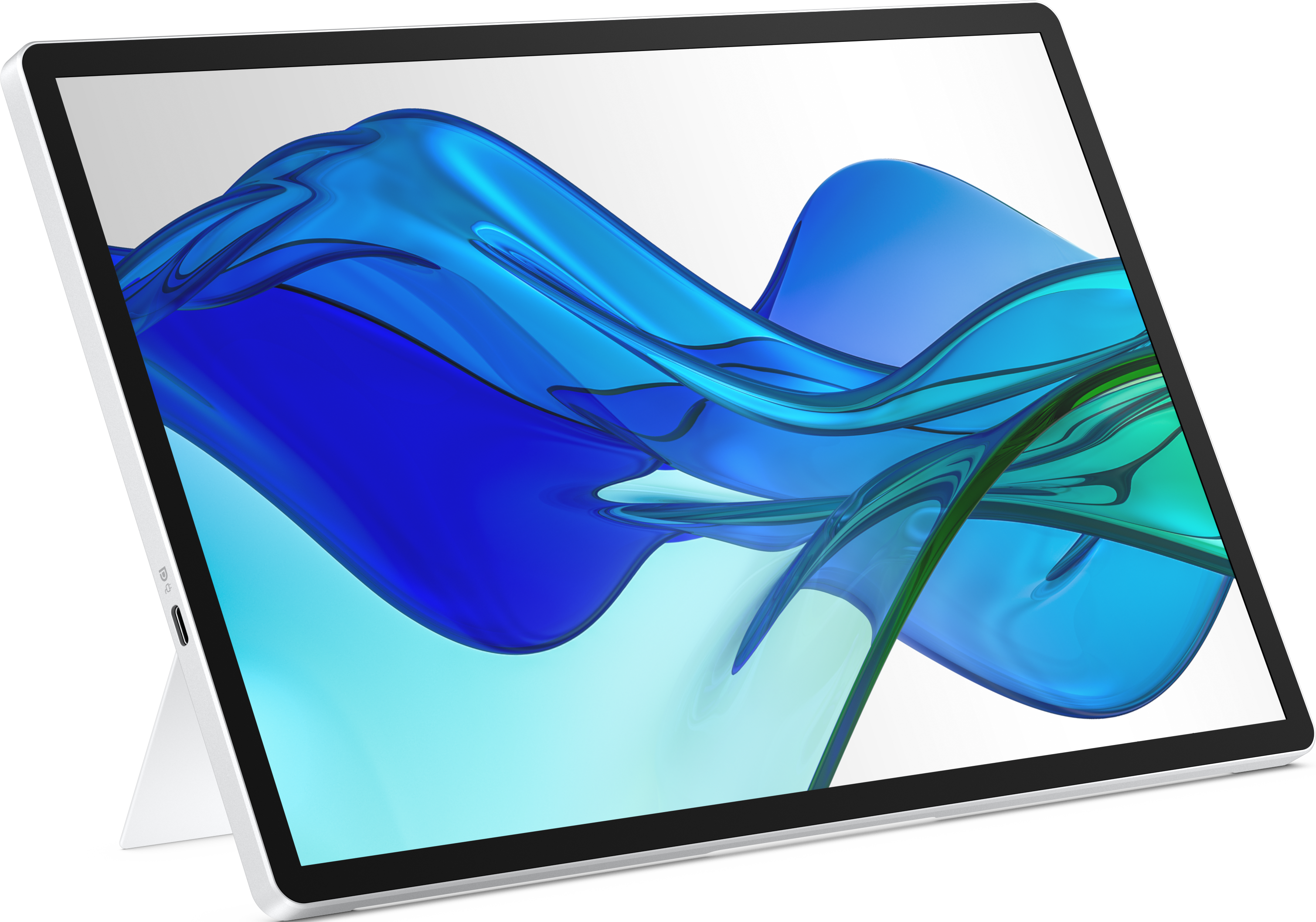 Une tablette blanche affichant un graphique de fond bleu et fluide.