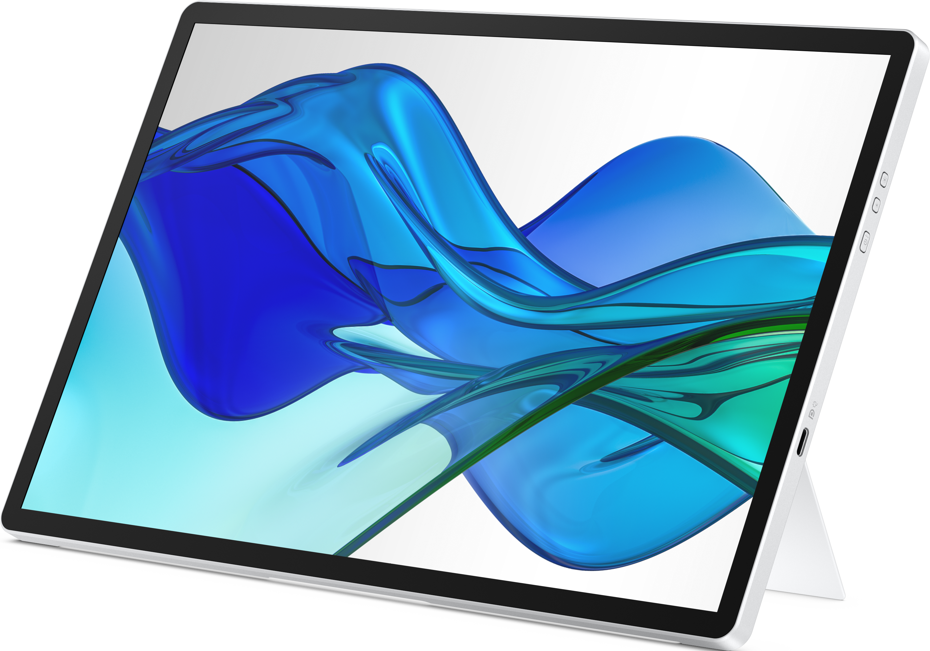 Une tablette argentée avec béquille affiche un fond d'onde bleu et turquoise.