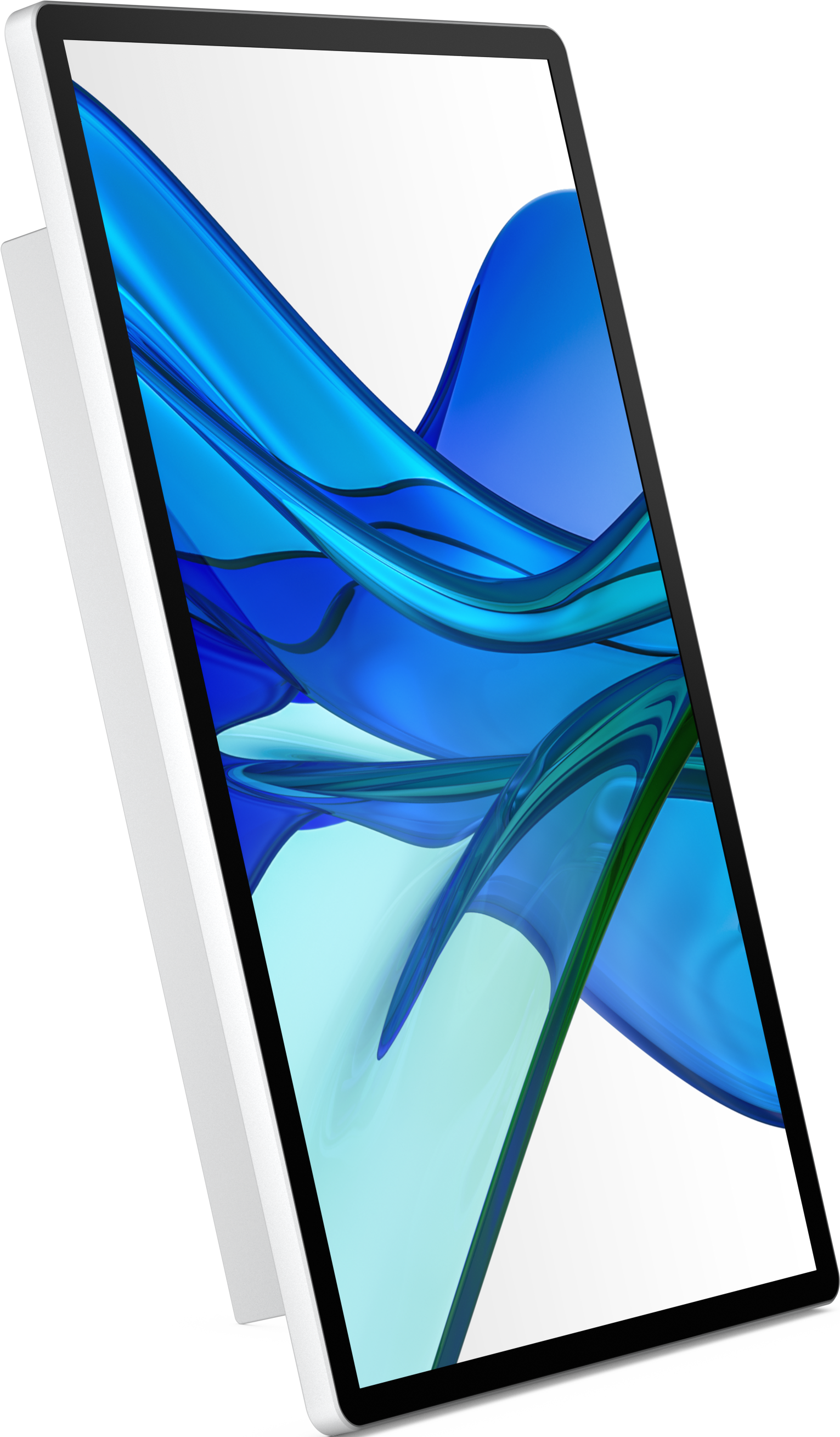 Une tablette blanche affichant un motif ondulé abstrait bleu et vert sur son écran.