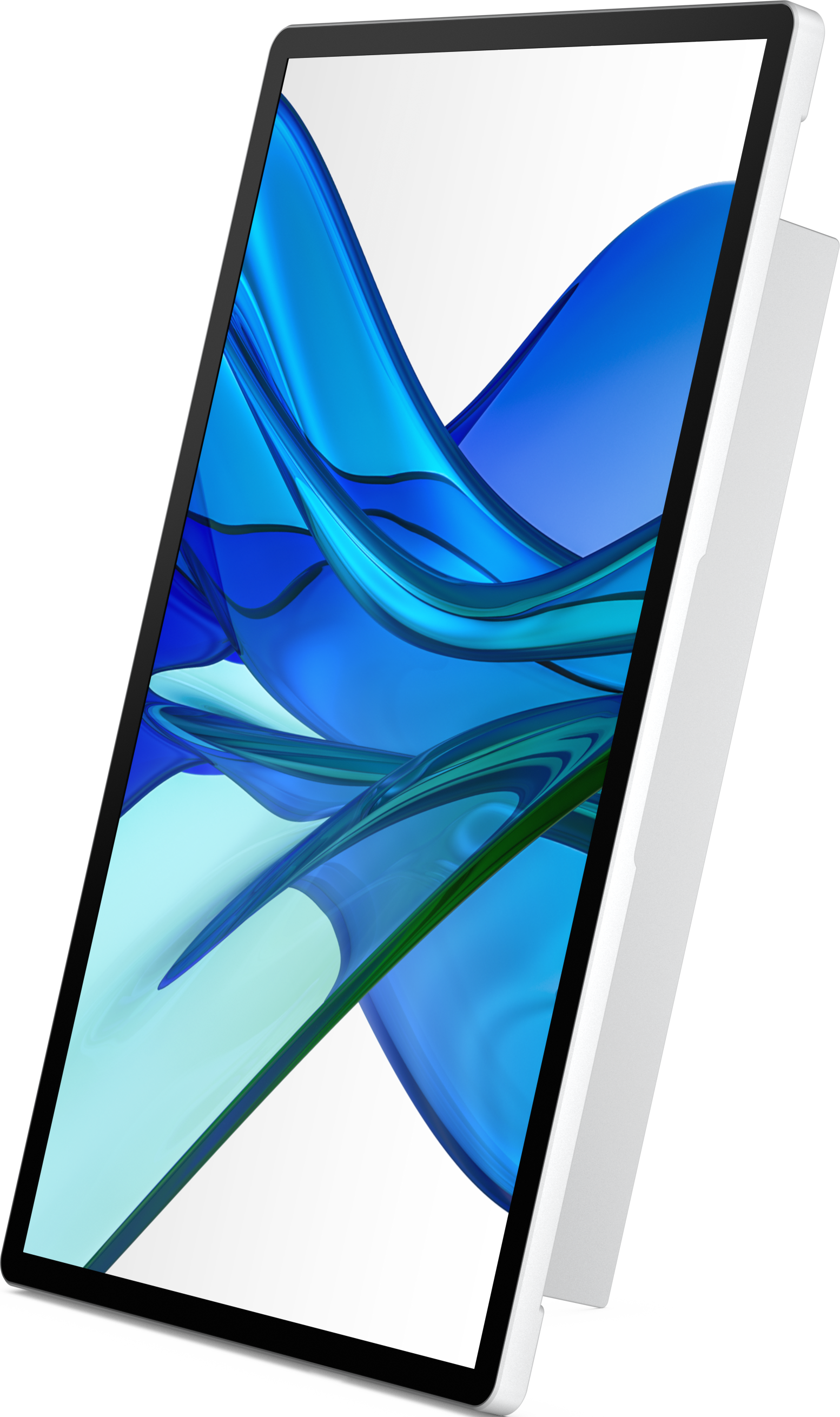 Une tablette blanche affichant un motif bleu abstrait sur son écran.