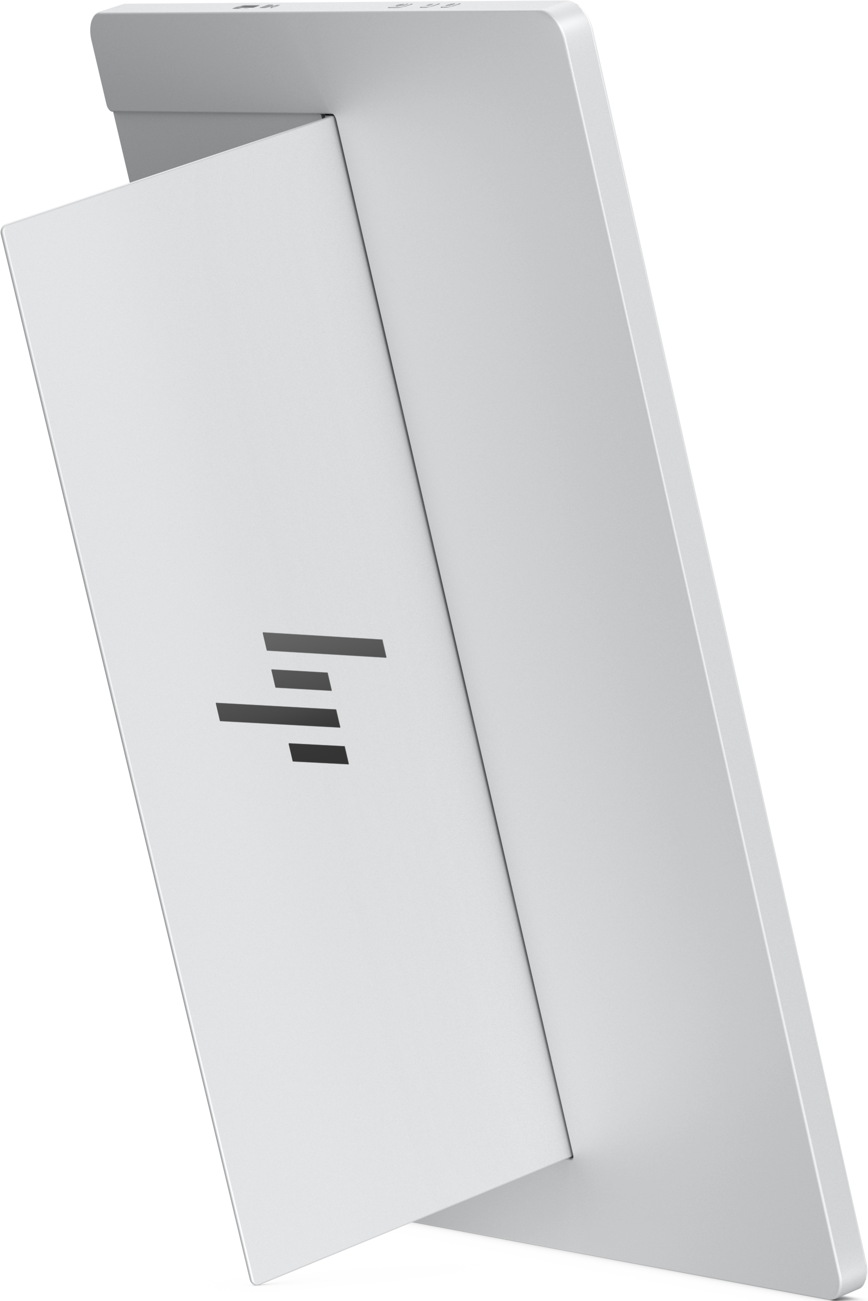 Un appareil blanc et rectangulaire avec un logo stylisé sur le devant.