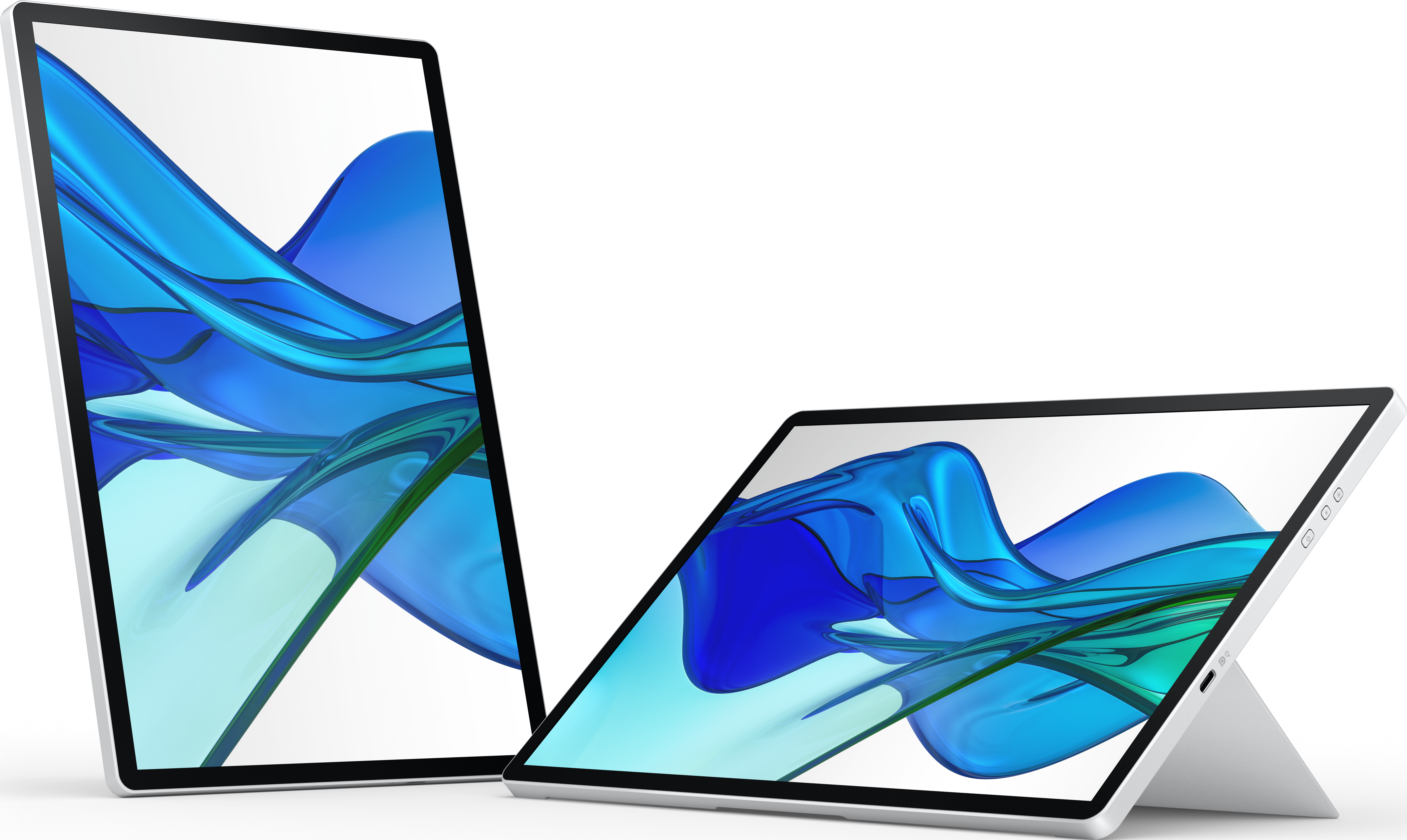 Deux tablettes affichant des arrière-plans abstraits bleus et verts sur fond noir.