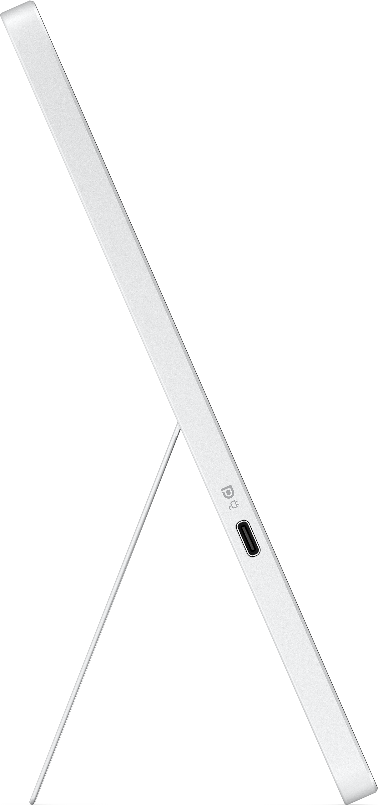 Une tablette blanche et fine avec un support intégré, vue de côté.