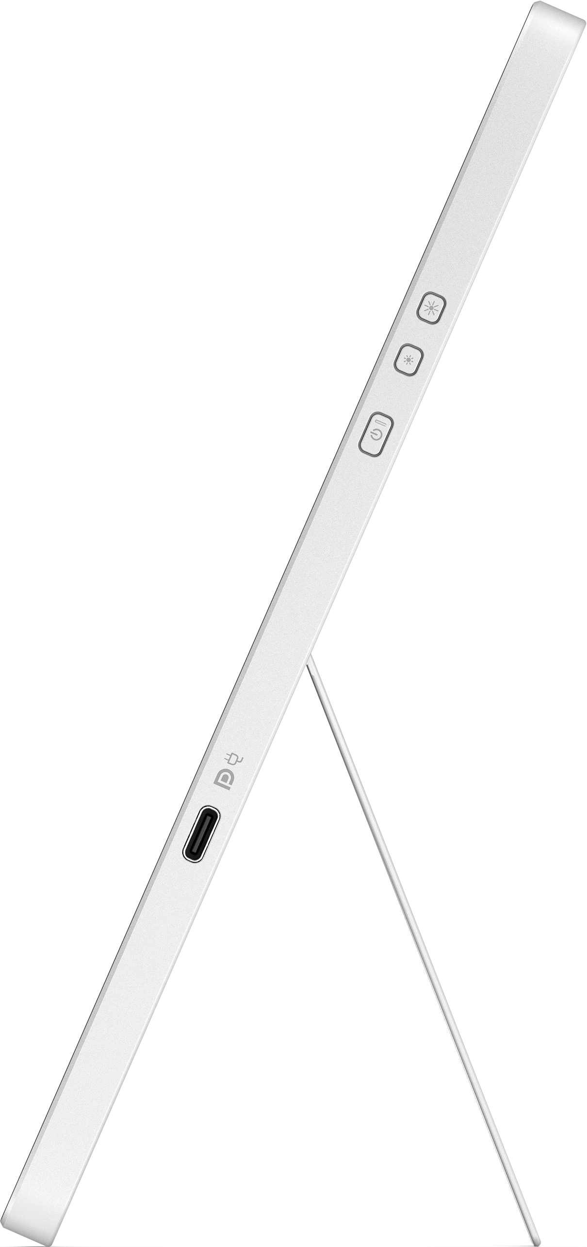 Un écran portable blanc avec support intégré et boutons latéraux.