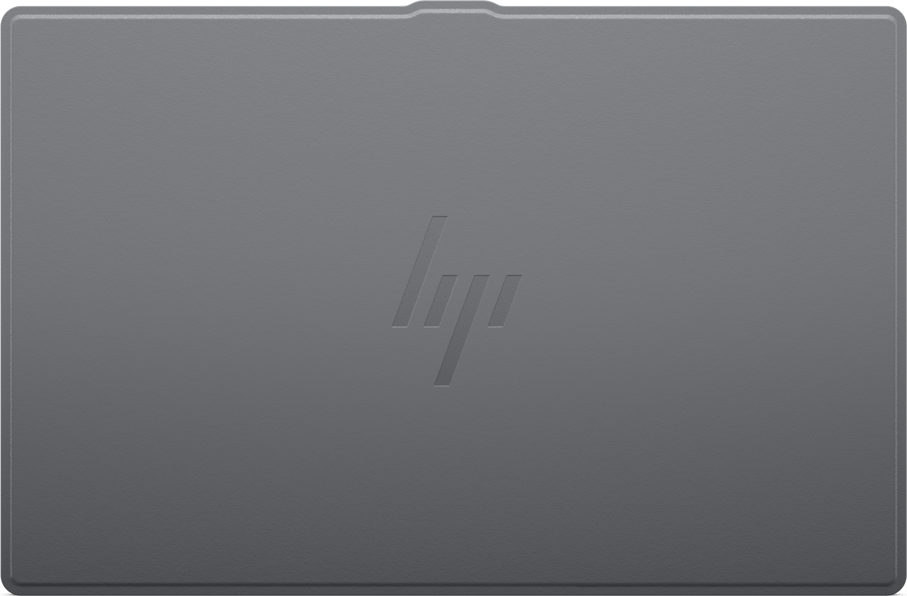 Étui gris avec logo HP en relief au centre.