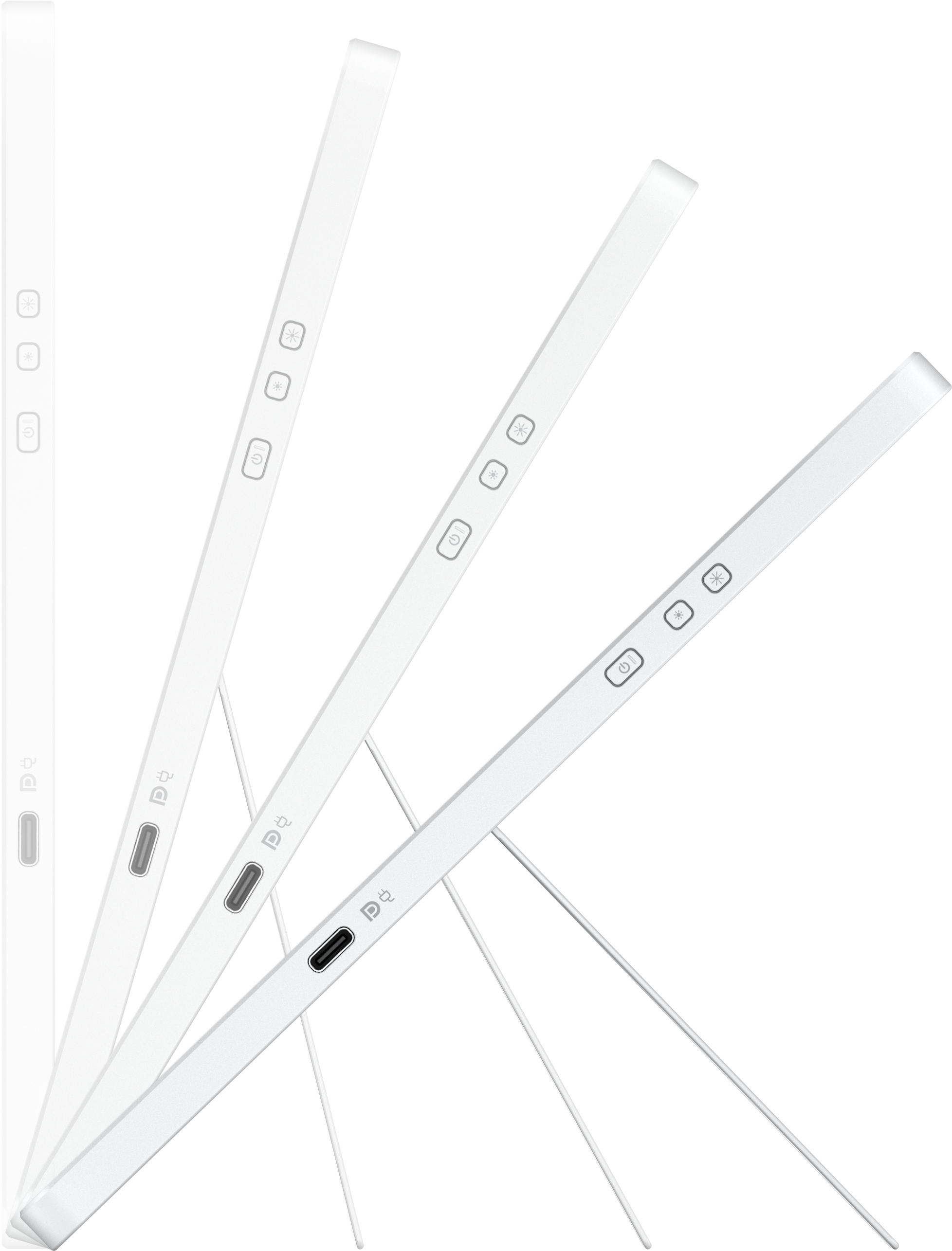 Trois tablettes en tons gris et blanc, disposées en diagonale, avec ports et boutons latéraux.