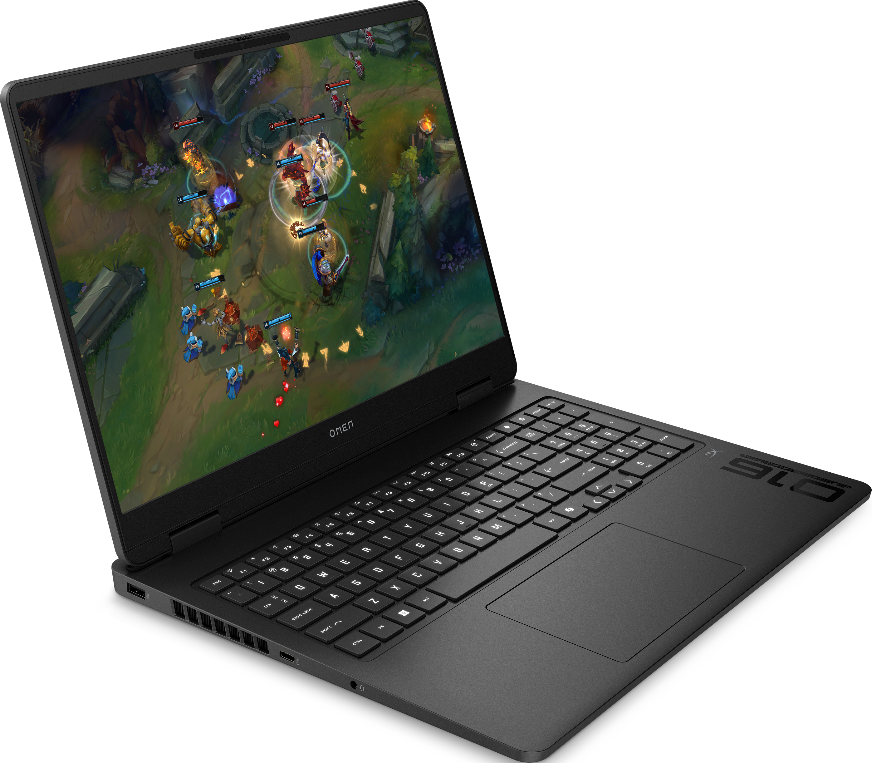 Un ordinateur portable de jeu noir, couvercle ouvert, affichant un jeu.