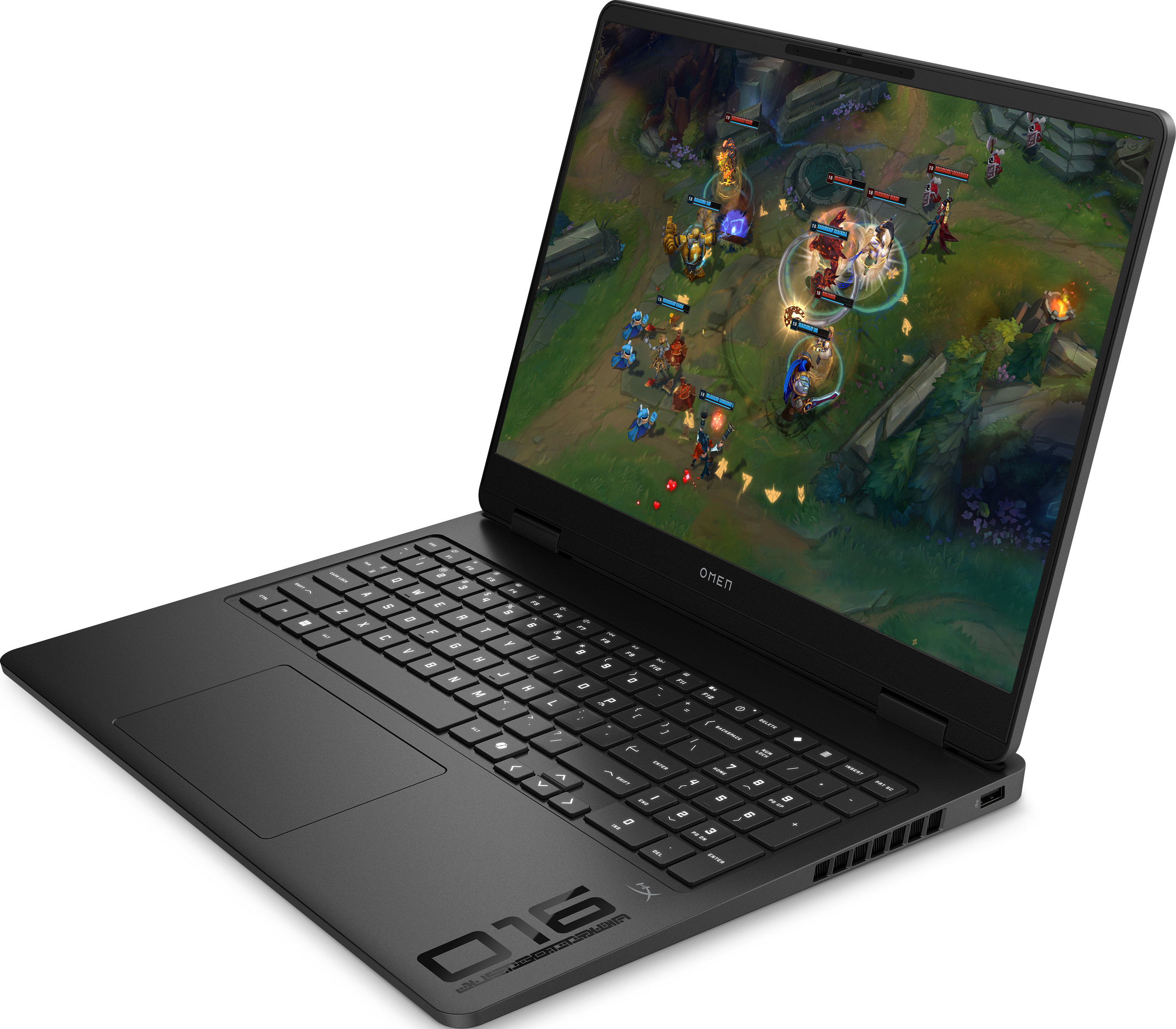 Ordinateur portable noir avec un jeu affiché à l'écran. Gros plan sur le clavier.